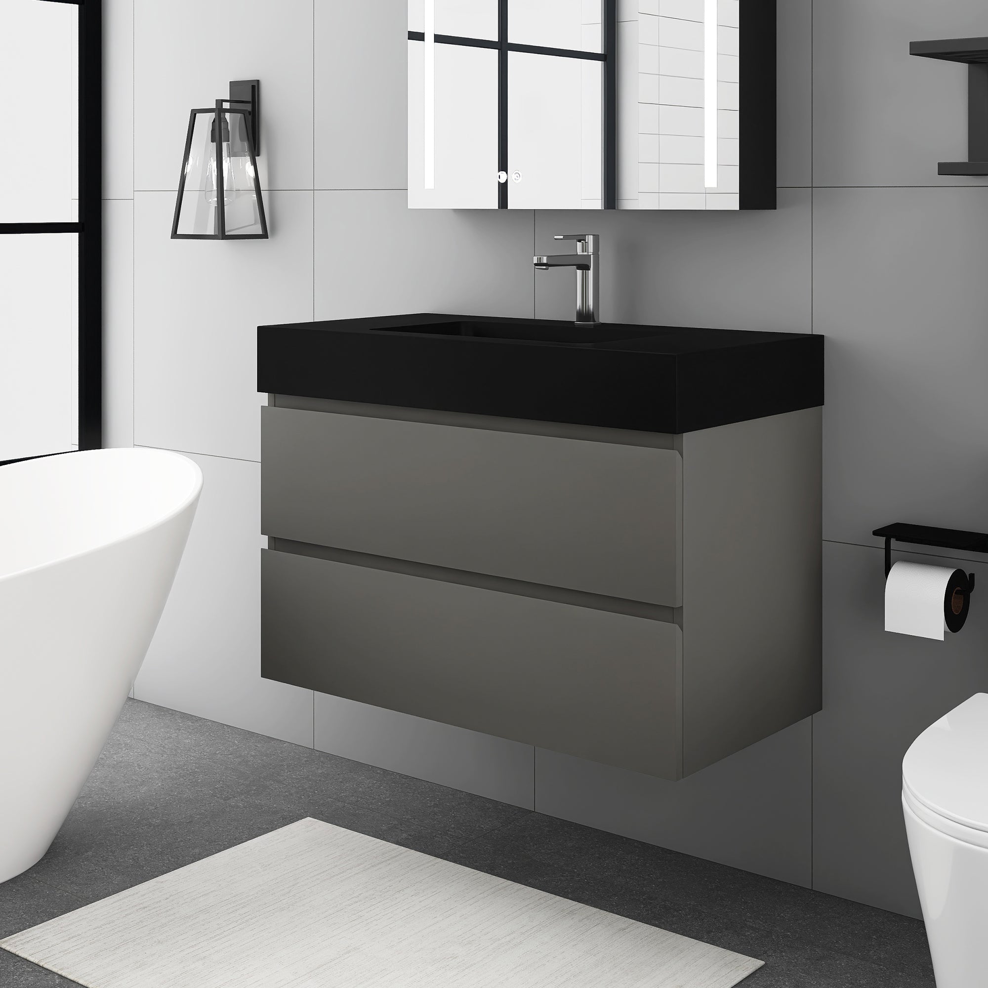 Staykiwi Wall-Mounted Bathroom Vanity Set with Black Integrated Solid Surface Sink