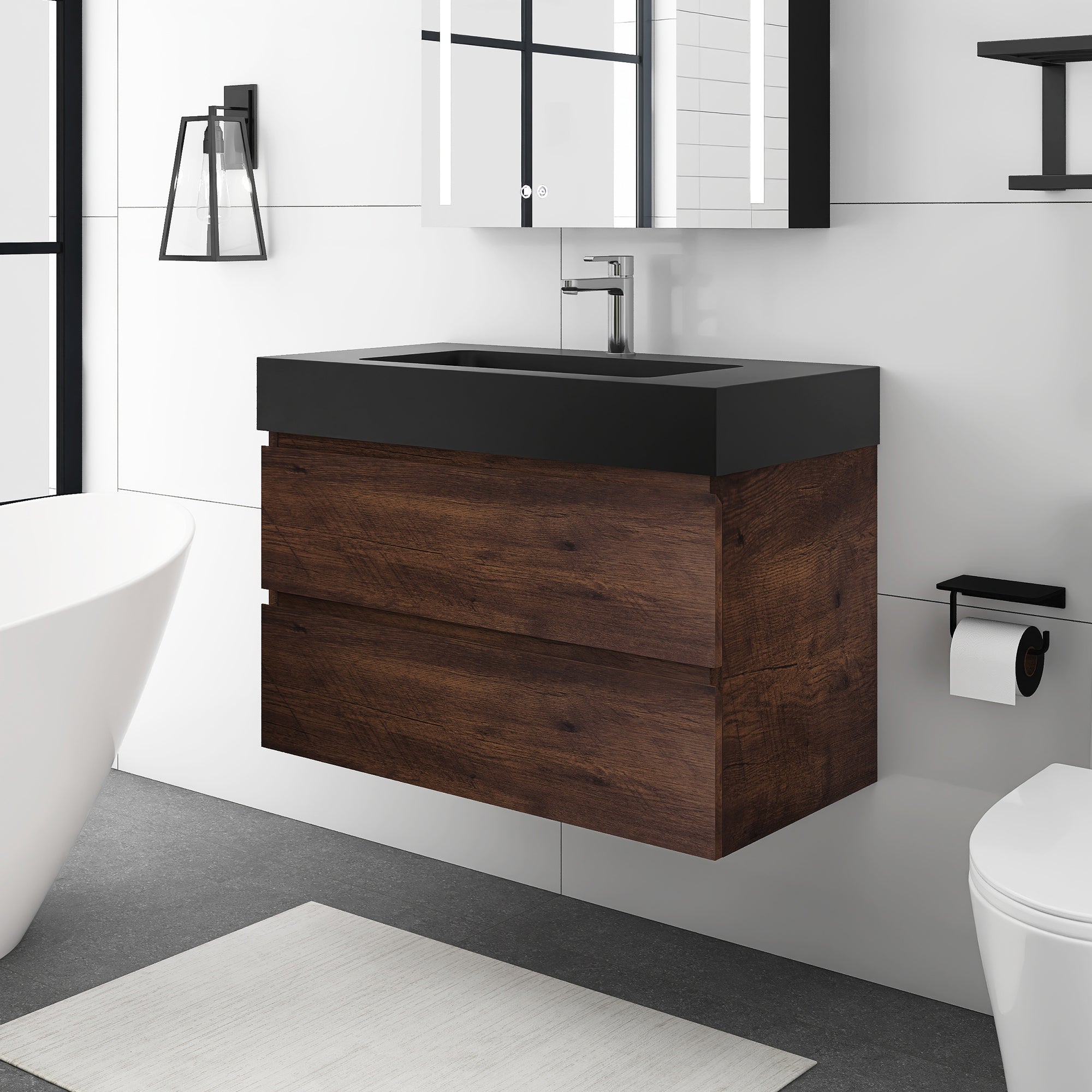 Staykiwi Wall-Mounted Bathroom Vanity Set with Black Integrated Solid Surface Sink