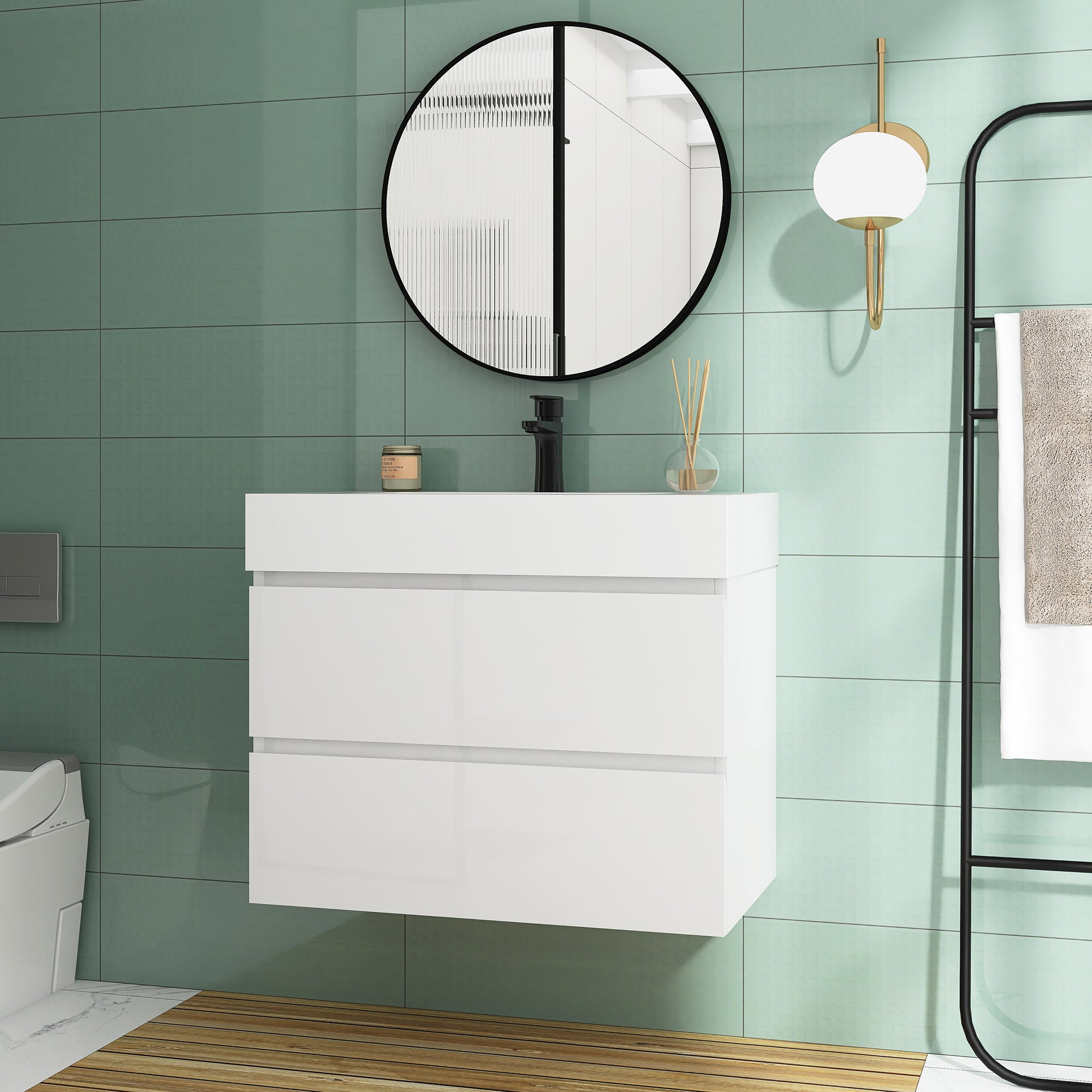 Wood Wall-Mounted Bathroom Vanity Set with Integrated Solid Surface Sink