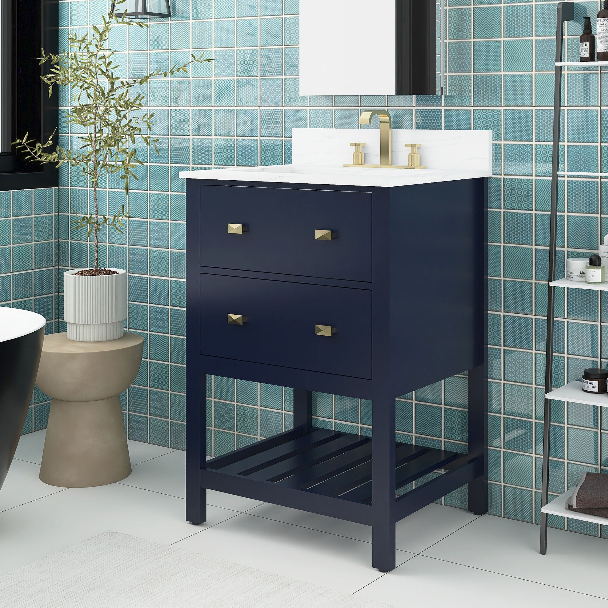 24/30 inch Plywood Freestanding Bathroom Vanity Set with Open Shelf and Ceramic Sink