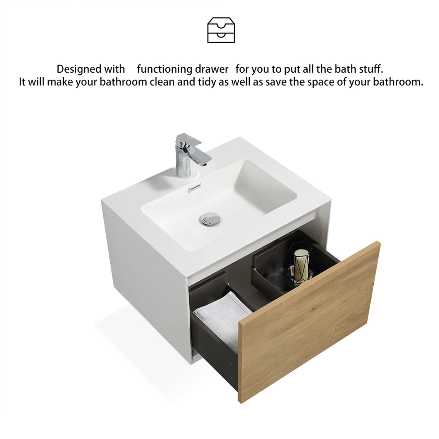 24 in./30 in./36 in. Wall-Mounted 1-drawer Bathroom Vanity Set in White and Oak with Integrated Solid Surface Sink