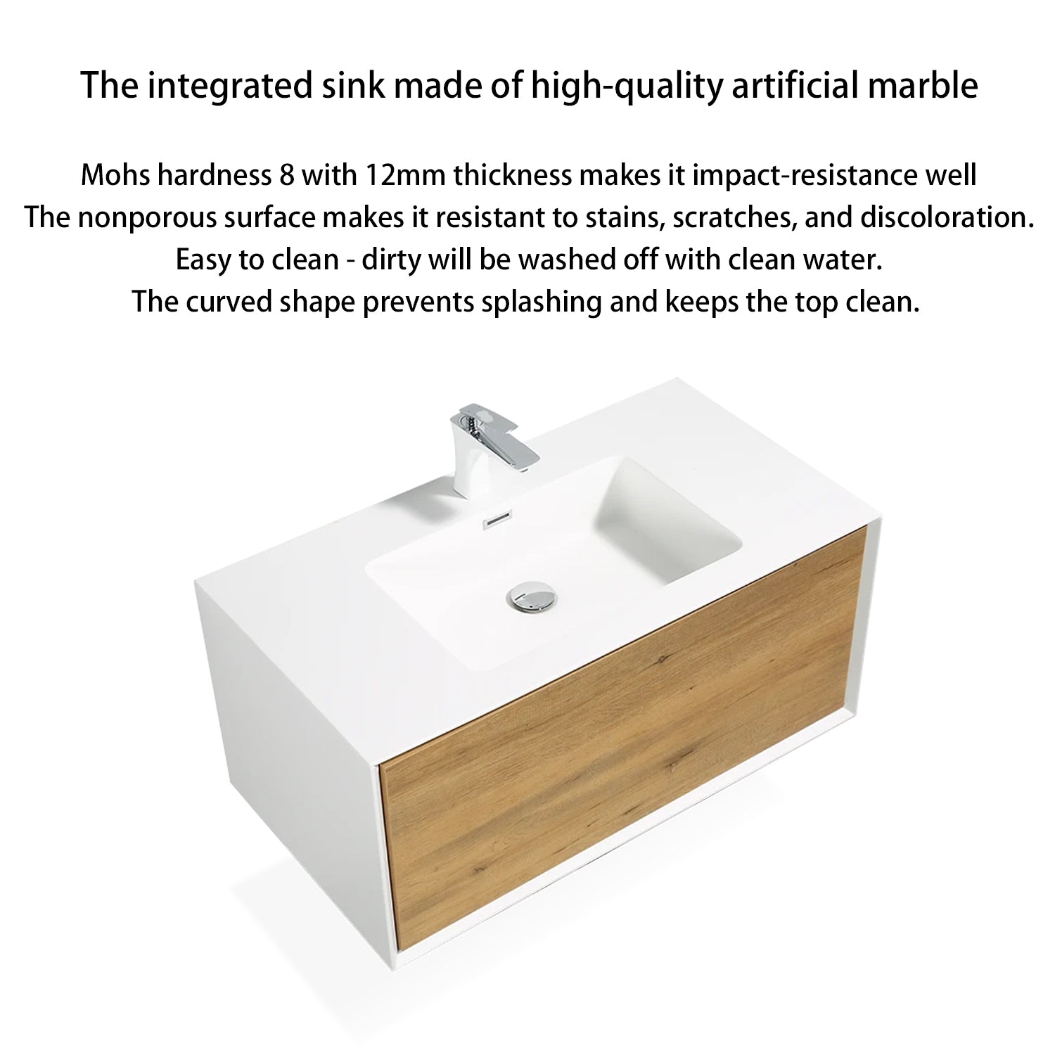 24 in./30 in./36 in. Wall-Mounted 1-drawer Bathroom Vanity Set in White and Oak with Integrated Solid Surface Sink