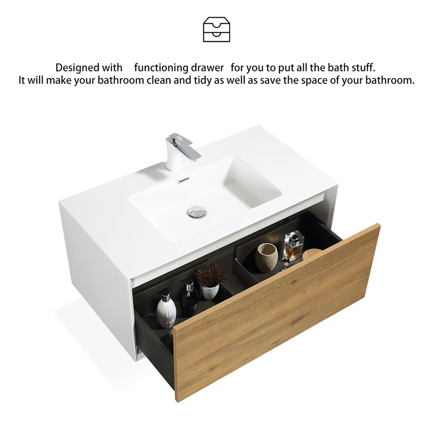 24 in./30 in./36 in. Wall-Mounted 1-drawer Bathroom Vanity Set in White and Oak with Integrated Solid Surface Sink