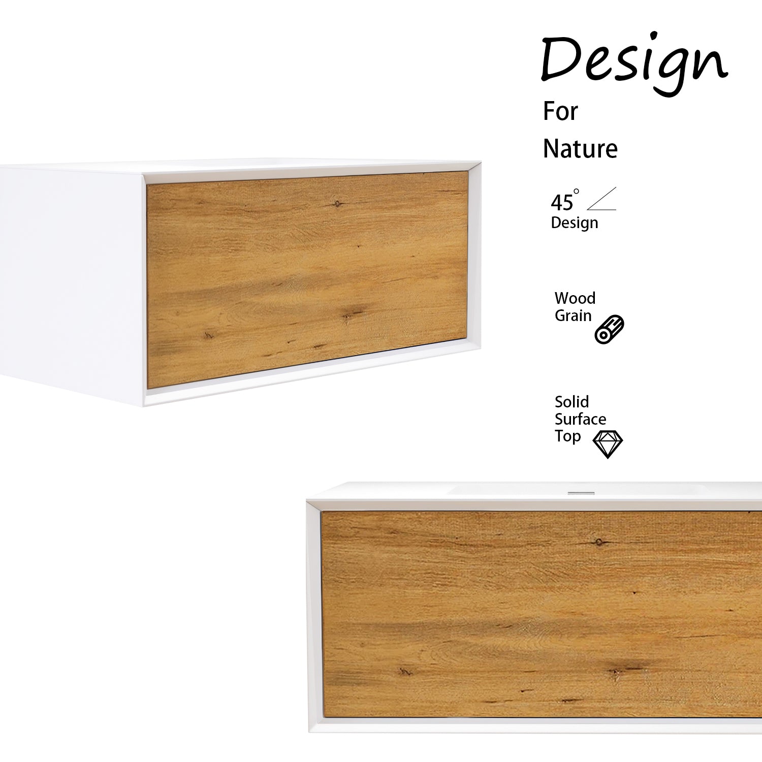 24 in./30 in./36 in. Wall-Mounted 1-drawer Bathroom Vanity Set in White and Oak with Integrated Solid Surface Sink