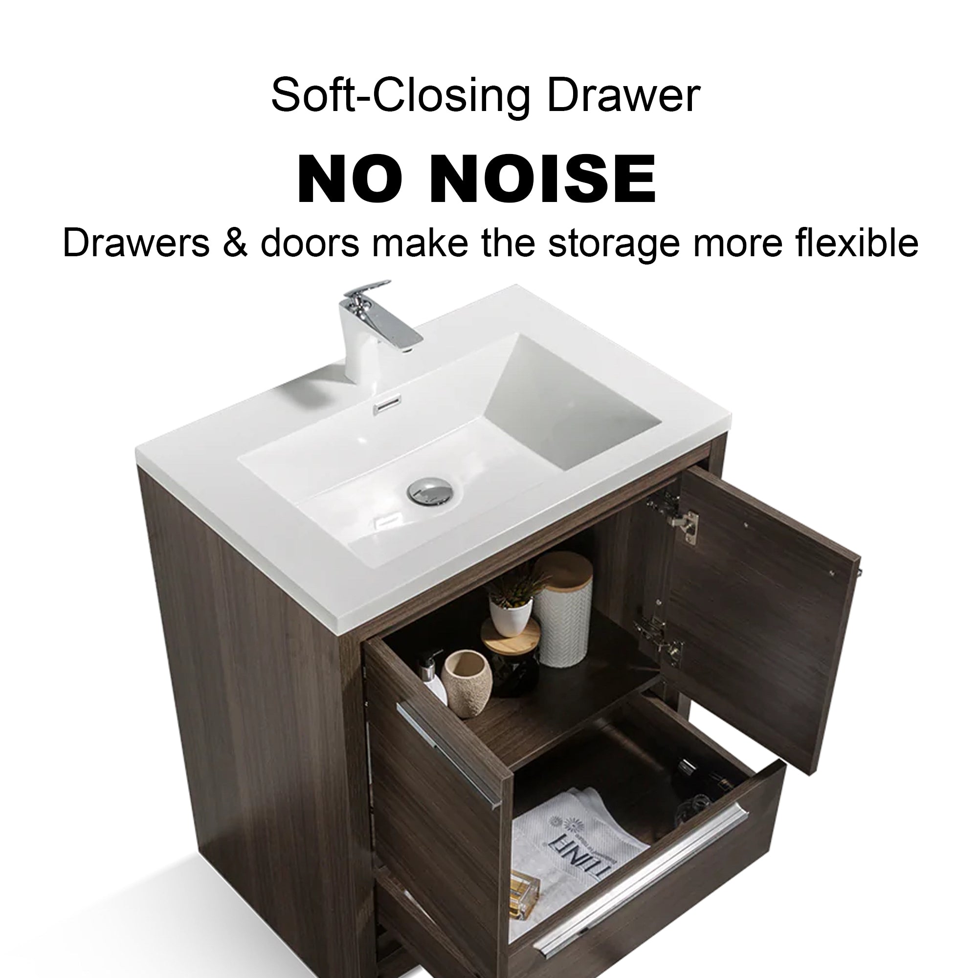 24 in. Freestanding Bathroom Vanity Set in Grey Oak with Integrated Solid Surface Sink