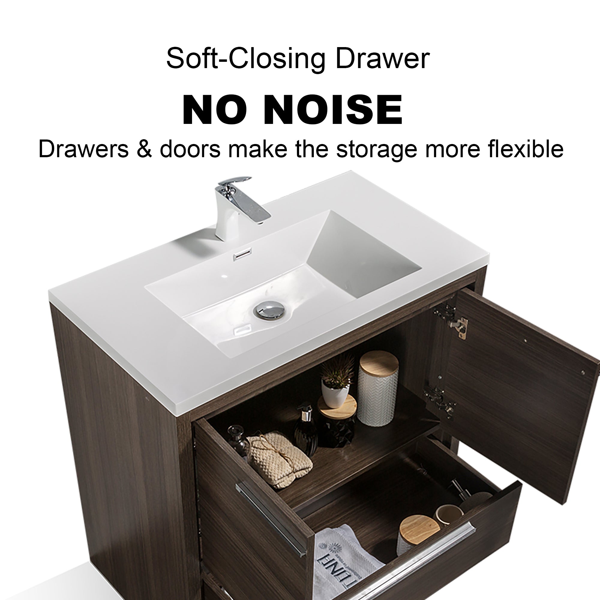36 in. Freestanding Bathroom Vanity Set in Grey Oak with Integrated Solid Surface Sink