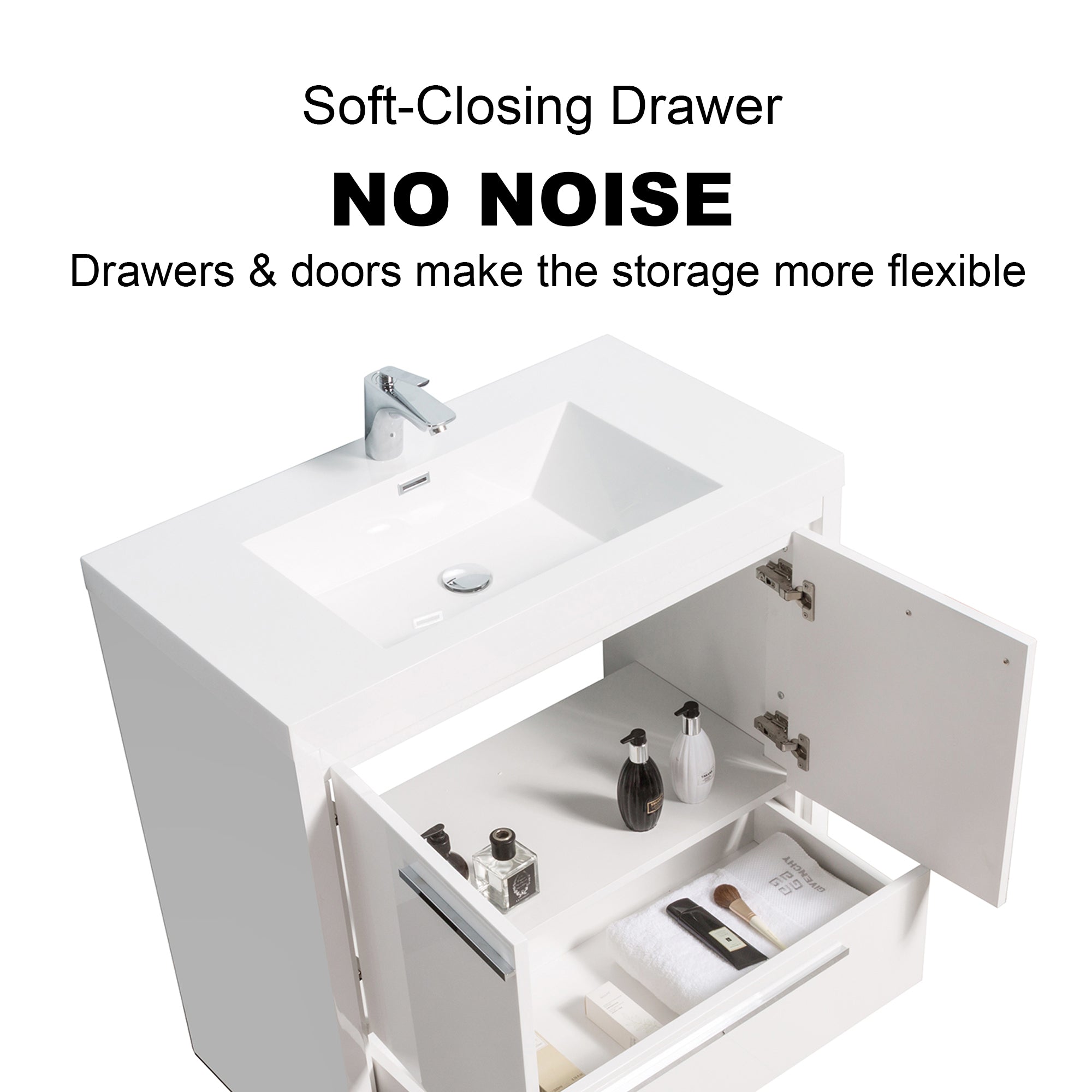 36 in. Freestanding Bathroom Vanity Set in HG-White with Integrated Solid Surface Sink
