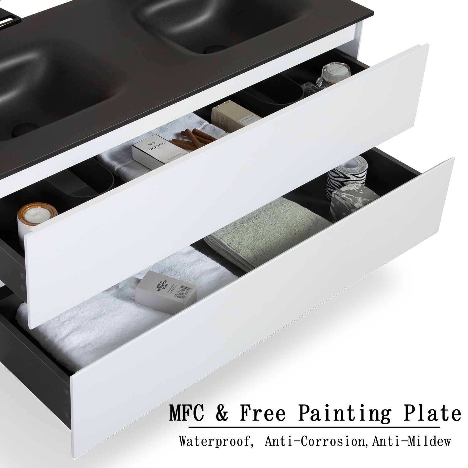 48 in. Wall-Mounted Bathroom Vanity Set in White with Black Quartz Top and Integrated Sink