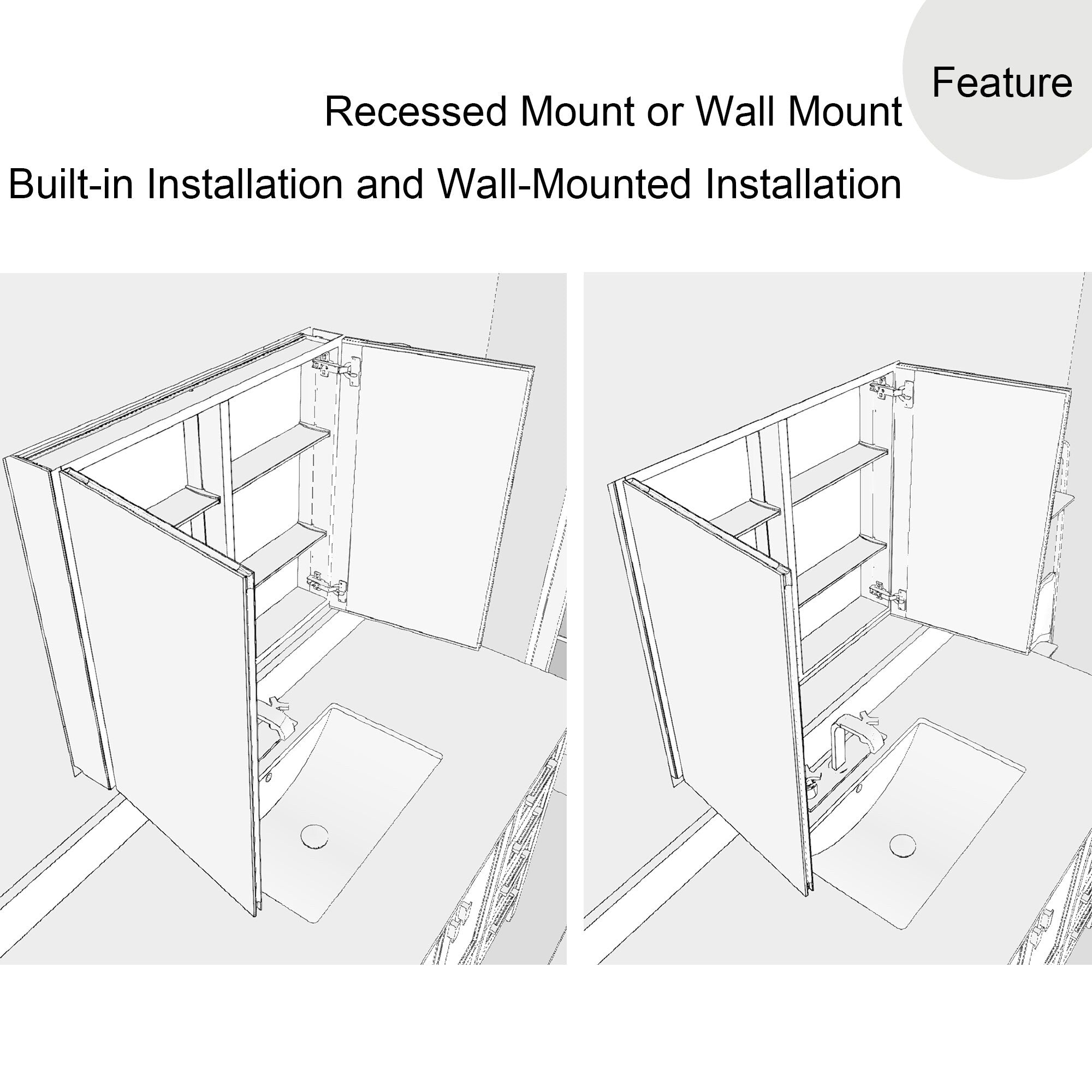 2026BRectangular Aluminum Recessed Mount/Surface Mount Medicine Cabinet with Mirror and Adjustable shelves