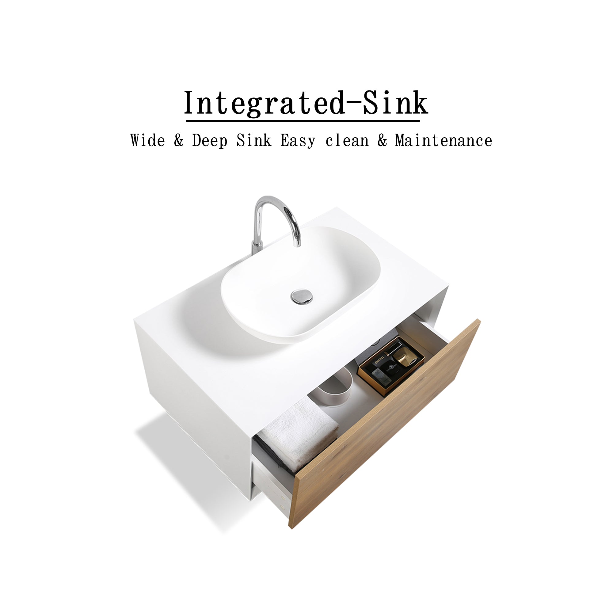 36 in. Wall Mounted Bathroom Vanity Set with White Solid Surface Top and Vessel Sink