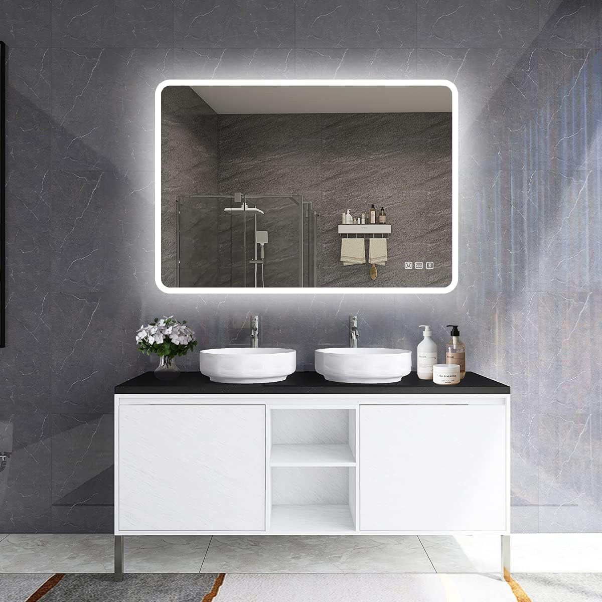 Rectangular Aluminum Framed Multi-functional Wall Mounted LED Bathroom Vanity Mirror