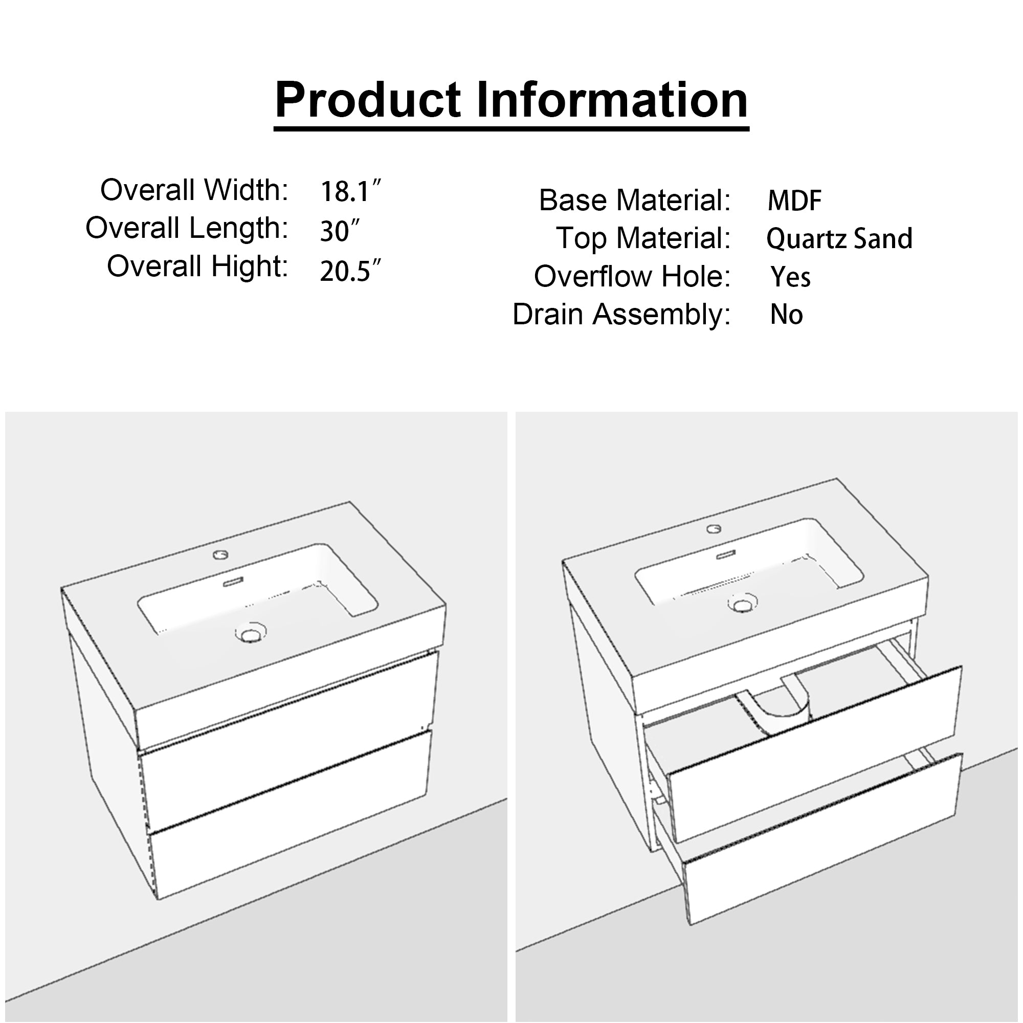 24"/30"/36" Wood Wall-Mounted Bathroom Vanity Set with Black Integrated Quartz Sand Sink