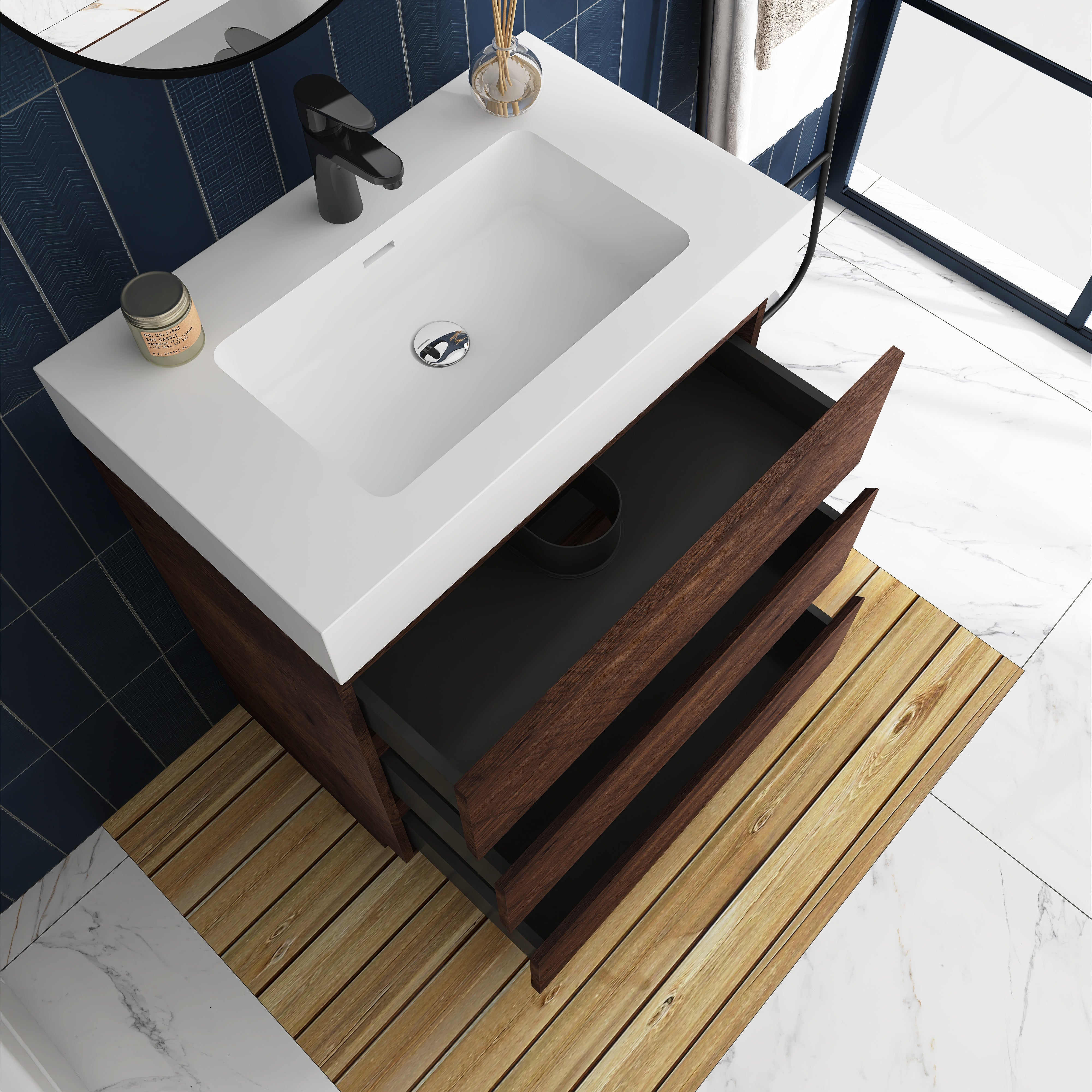 Wood Freestanding Bathroom Vanity Set with White Integrated Resin Sink