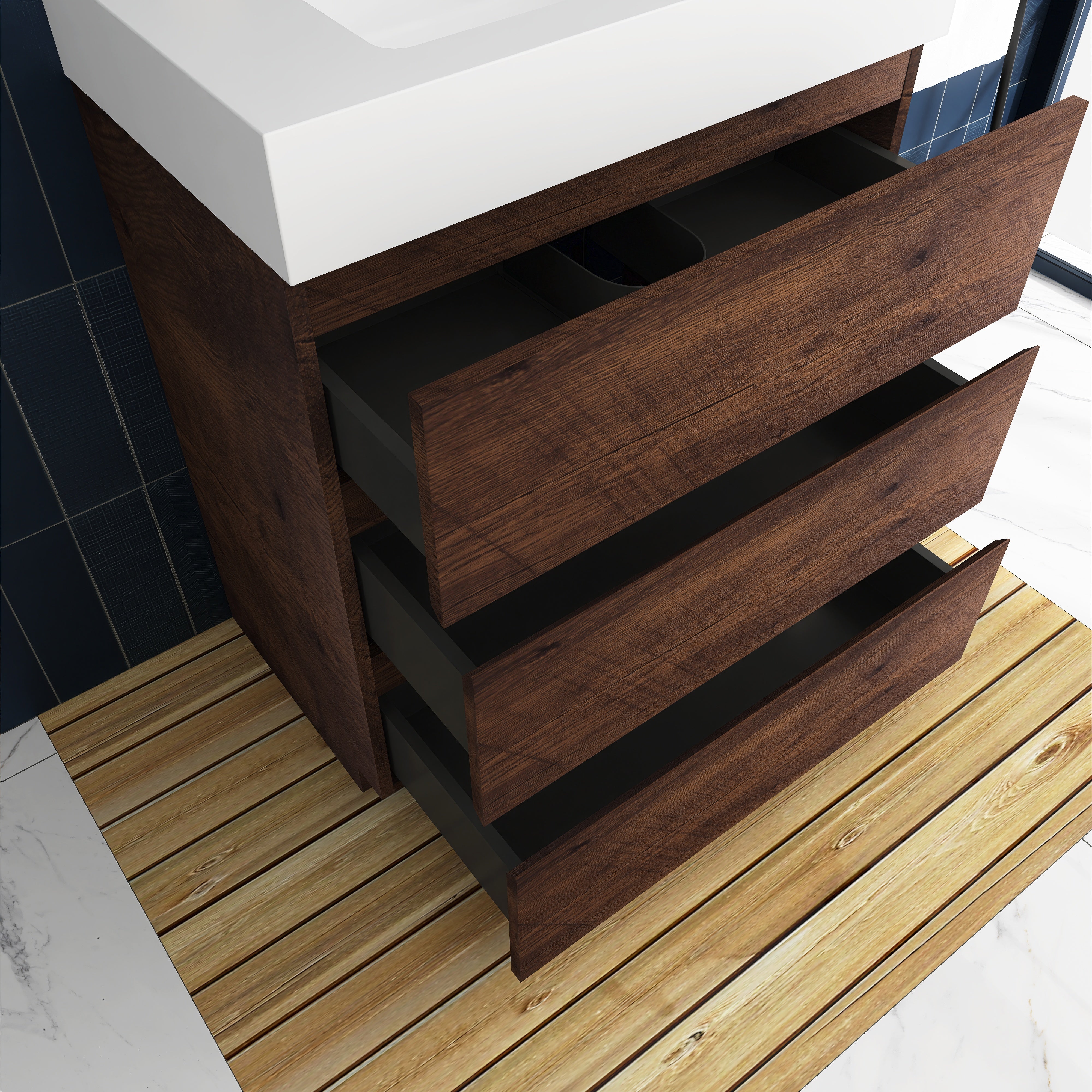 Wood Freestanding Bathroom Vanity Set with White Integrated Resin Sink