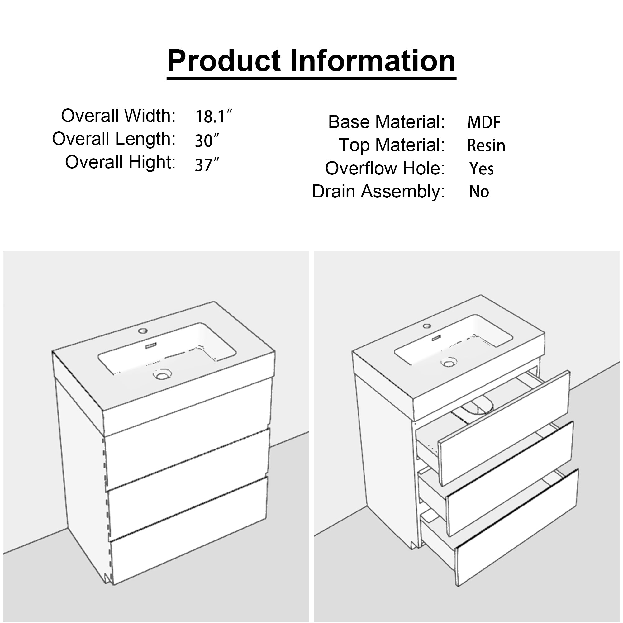 Wood Freestanding Bathroom Vanity Set with White Integrated Resin Sink