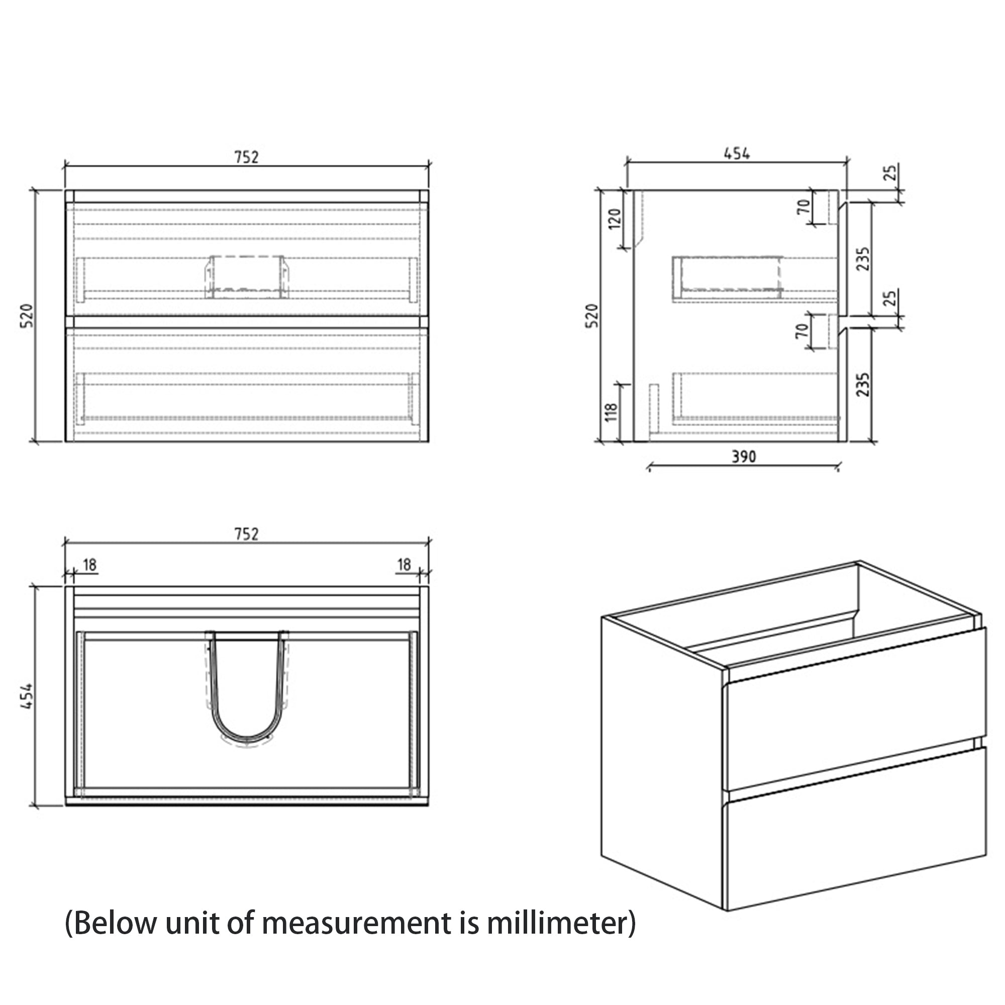 Wall-Mounted Bathroom Vanity Set with 2 Drawers and  Black Solid Surface Sink