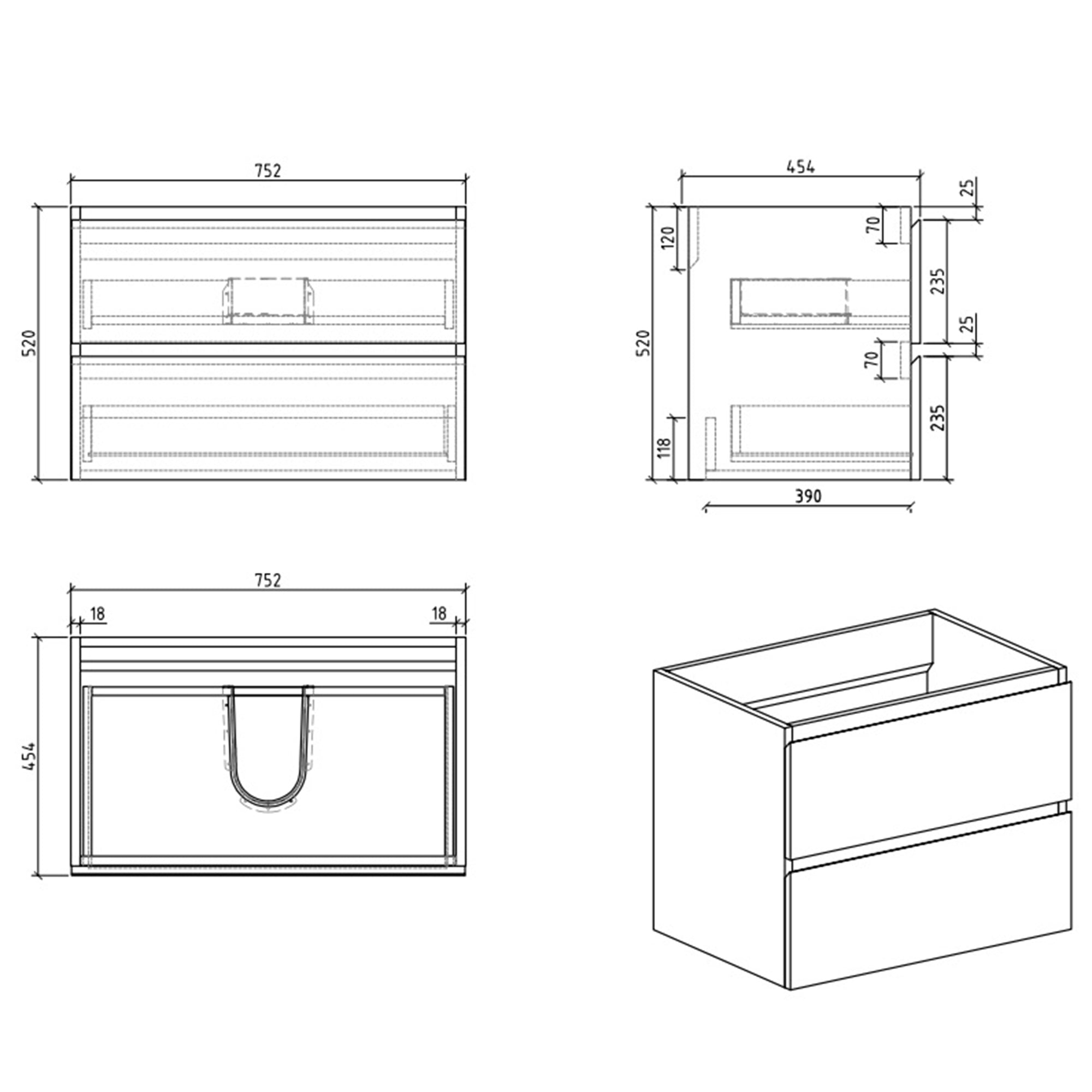 Wall-Mounted Bathroom Vanity Set with 2 Drawers and  Black Solid Surface Sink