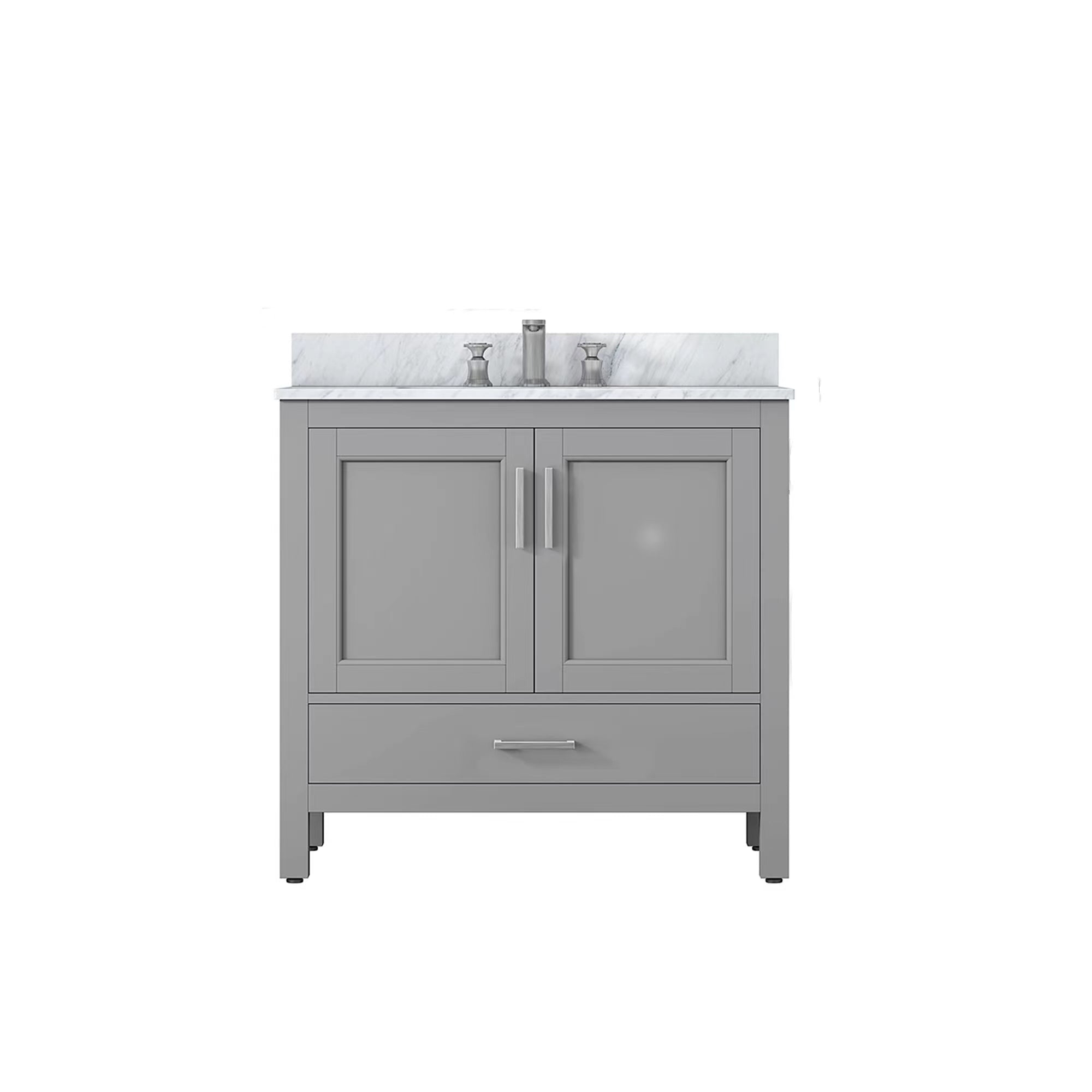 36" Plywood Freestanding Bathroom Vanity Set with Drawer and Doors and Natural Marble Top and Ceramic Sink