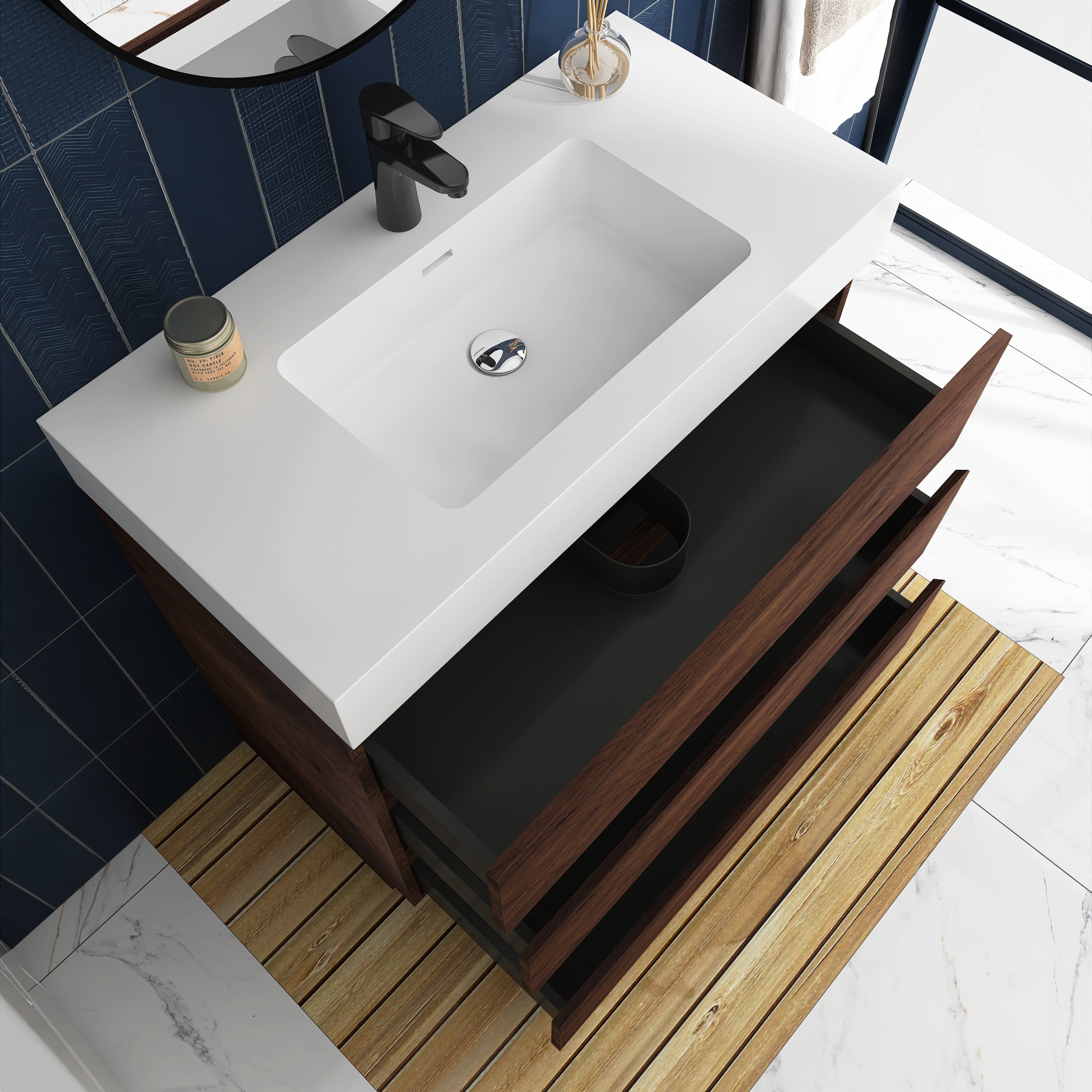 Wood Freestanding Bathroom Vanity Set with White Integrated Resin Sink