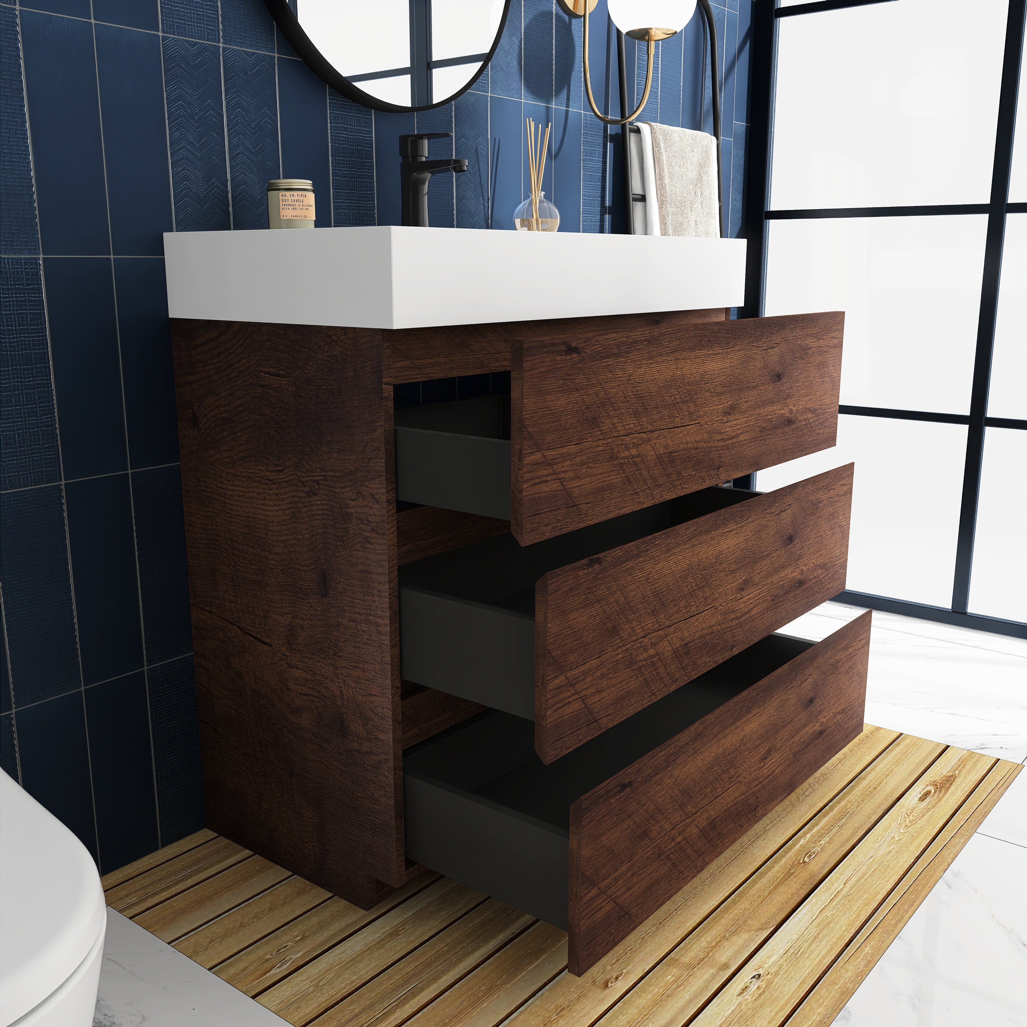 Wood Freestanding Bathroom Vanity Set with White Integrated Resin Sink