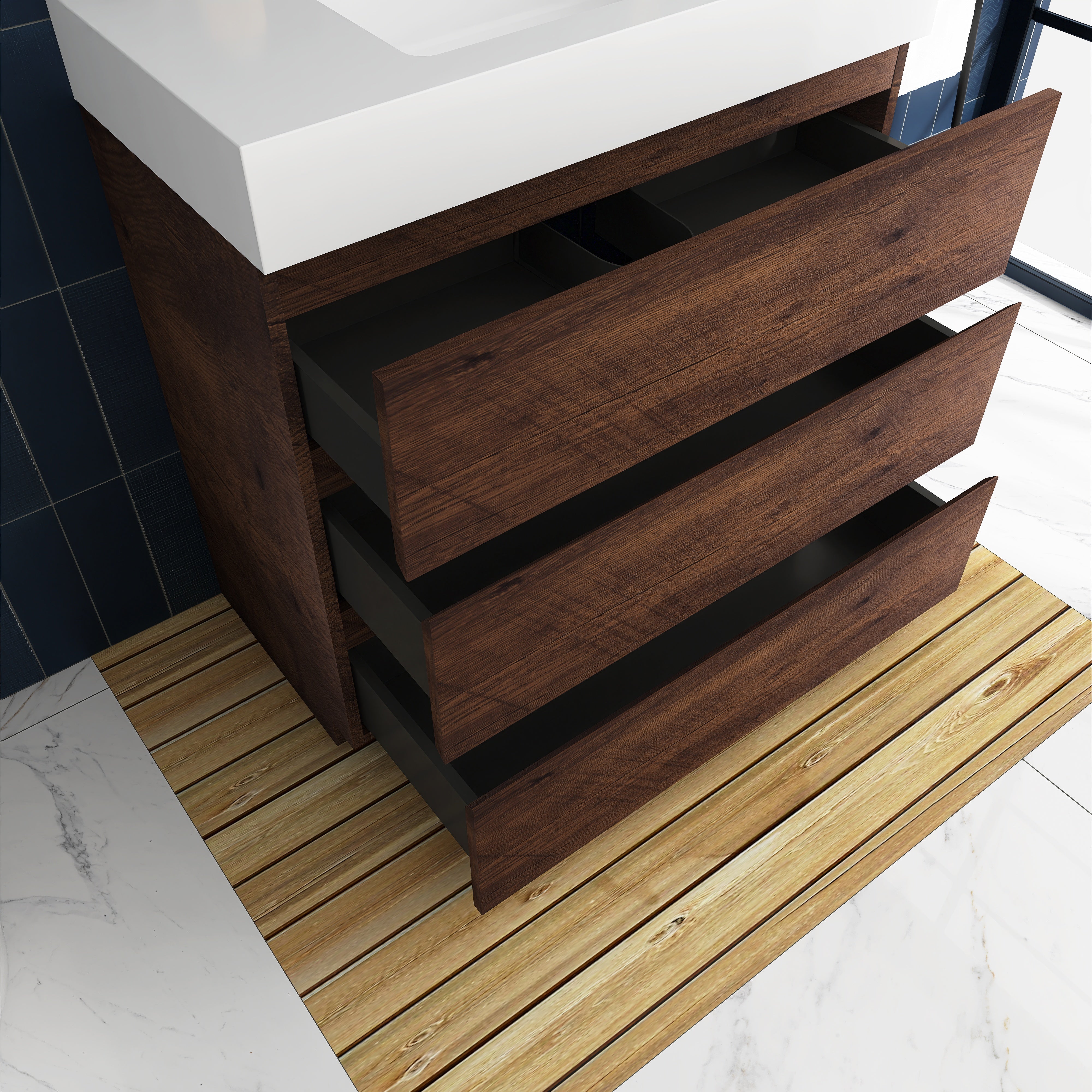 Wood Freestanding Bathroom Vanity Set with White Integrated Resin Sink