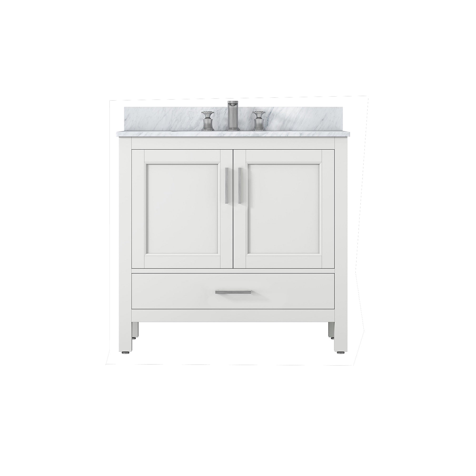 36" Plywood Freestanding Bathroom Vanity Set with Drawer and Doors and Natural Marble Top and Ceramic Sink