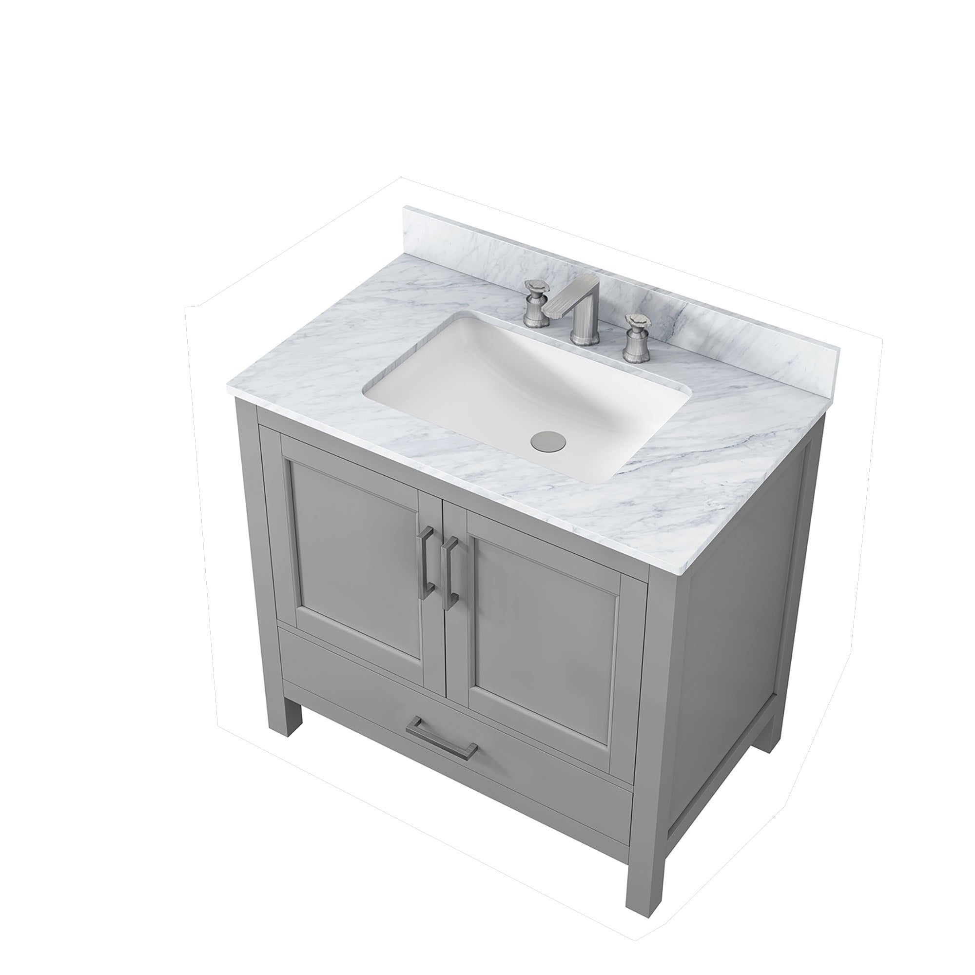 36" Plywood Freestanding Bathroom Vanity Set with Drawer and Doors and Natural Marble Top and Ceramic Sink