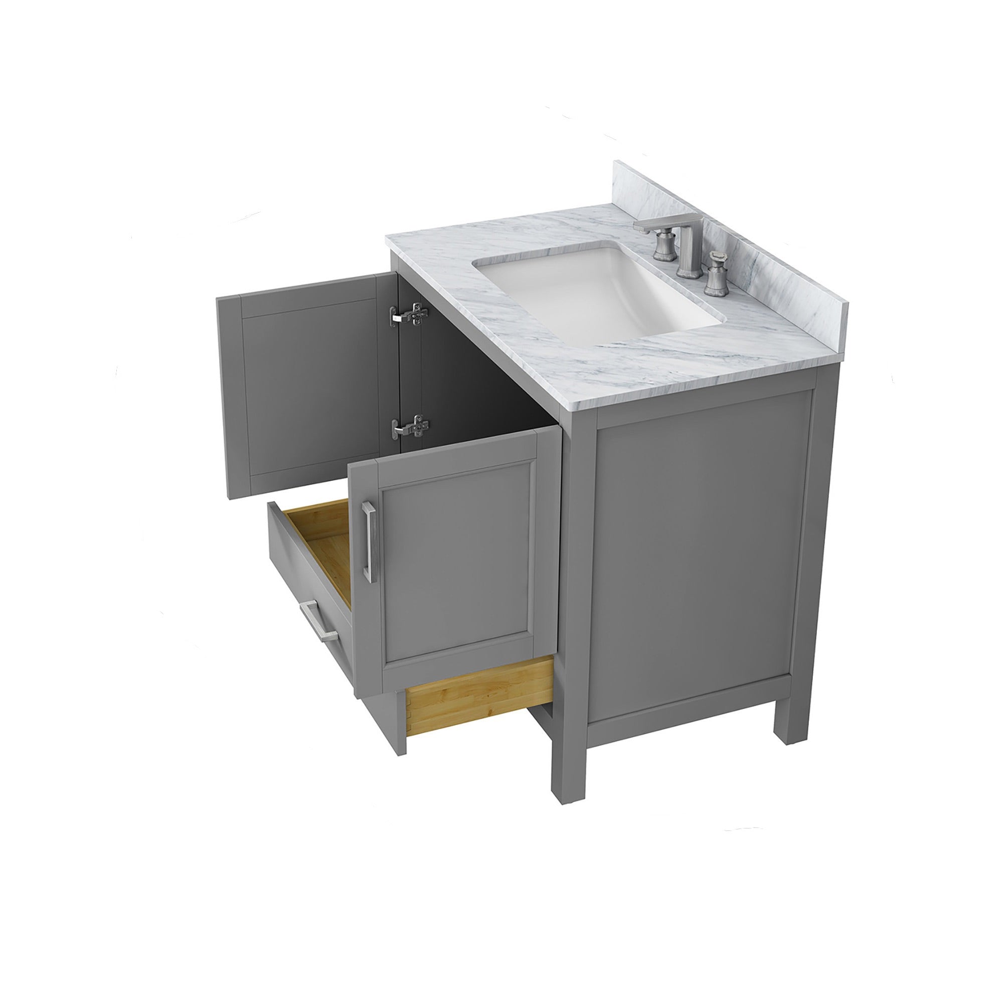 36" Plywood Freestanding Bathroom Vanity Set with Drawer and Doors and Natural Marble Top and Ceramic Sink