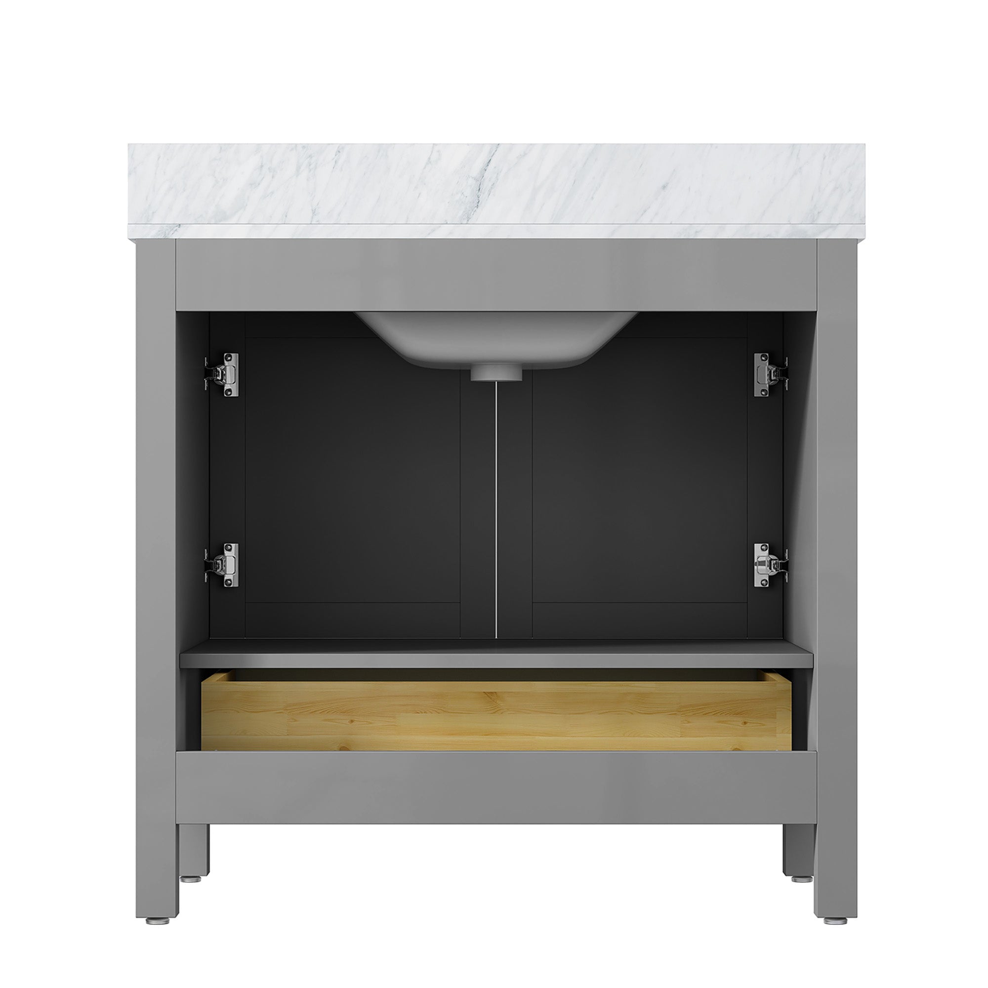36" Plywood Freestanding Bathroom Vanity Set with Drawer and Doors and Natural Marble Top and Ceramic Sink