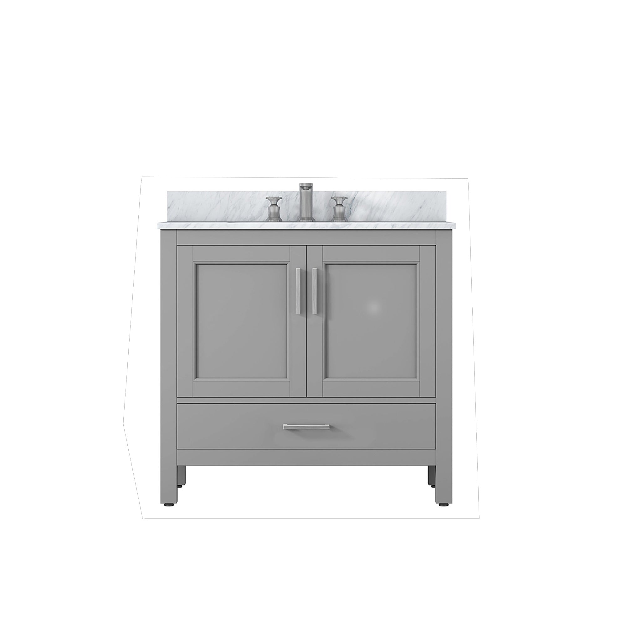 36" Plywood Freestanding Bathroom Vanity Set with Drawer and Doors and Natural Marble Top and Ceramic Sink