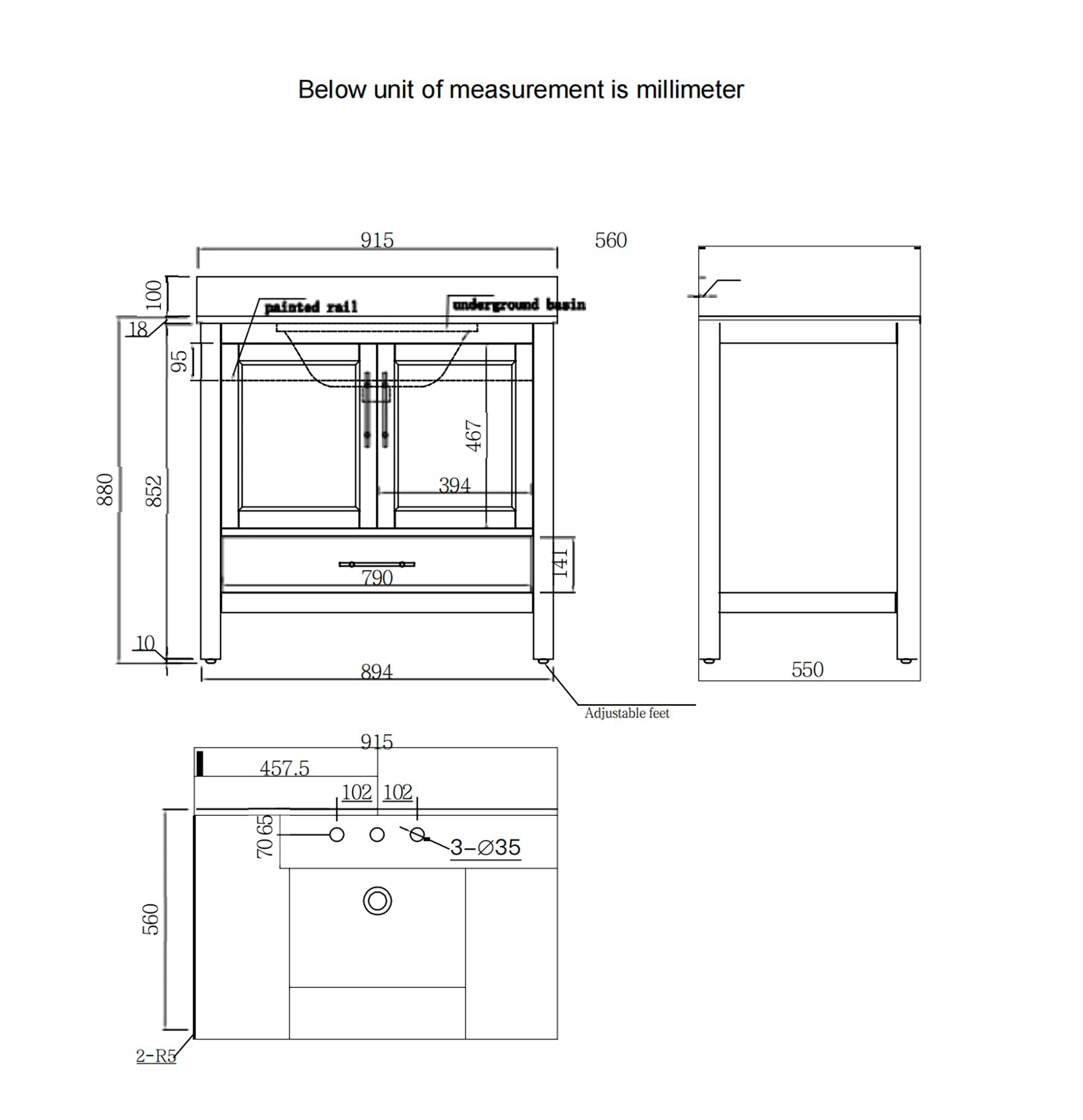 36" Plywood Freestanding Bathroom Vanity Set with Drawer and Doors and Natural Marble Top and Ceramic Sink
