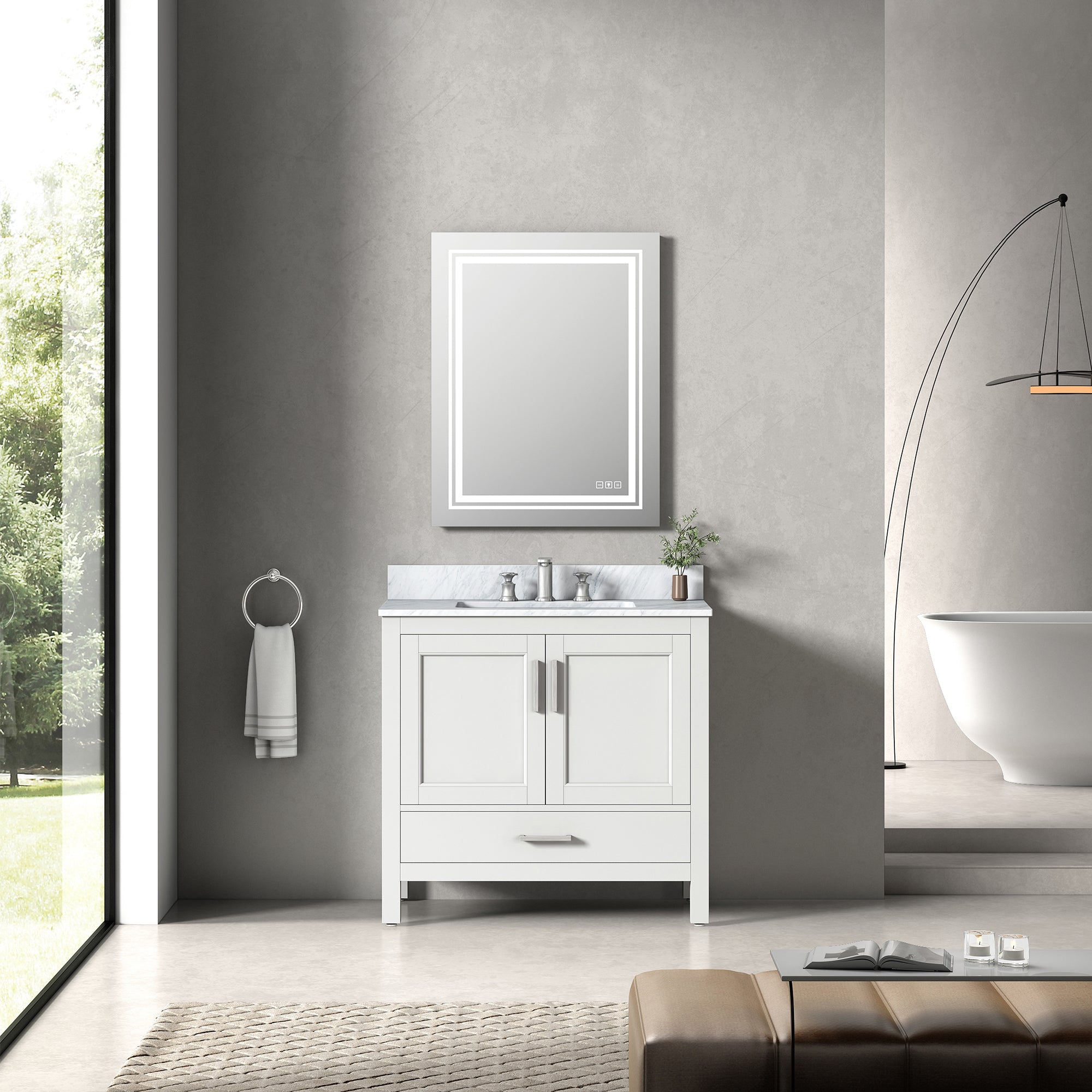 36" Plywood Freestanding Bathroom Vanity Set with Drawer and Doors and Natural Marble Top and Ceramic Sink