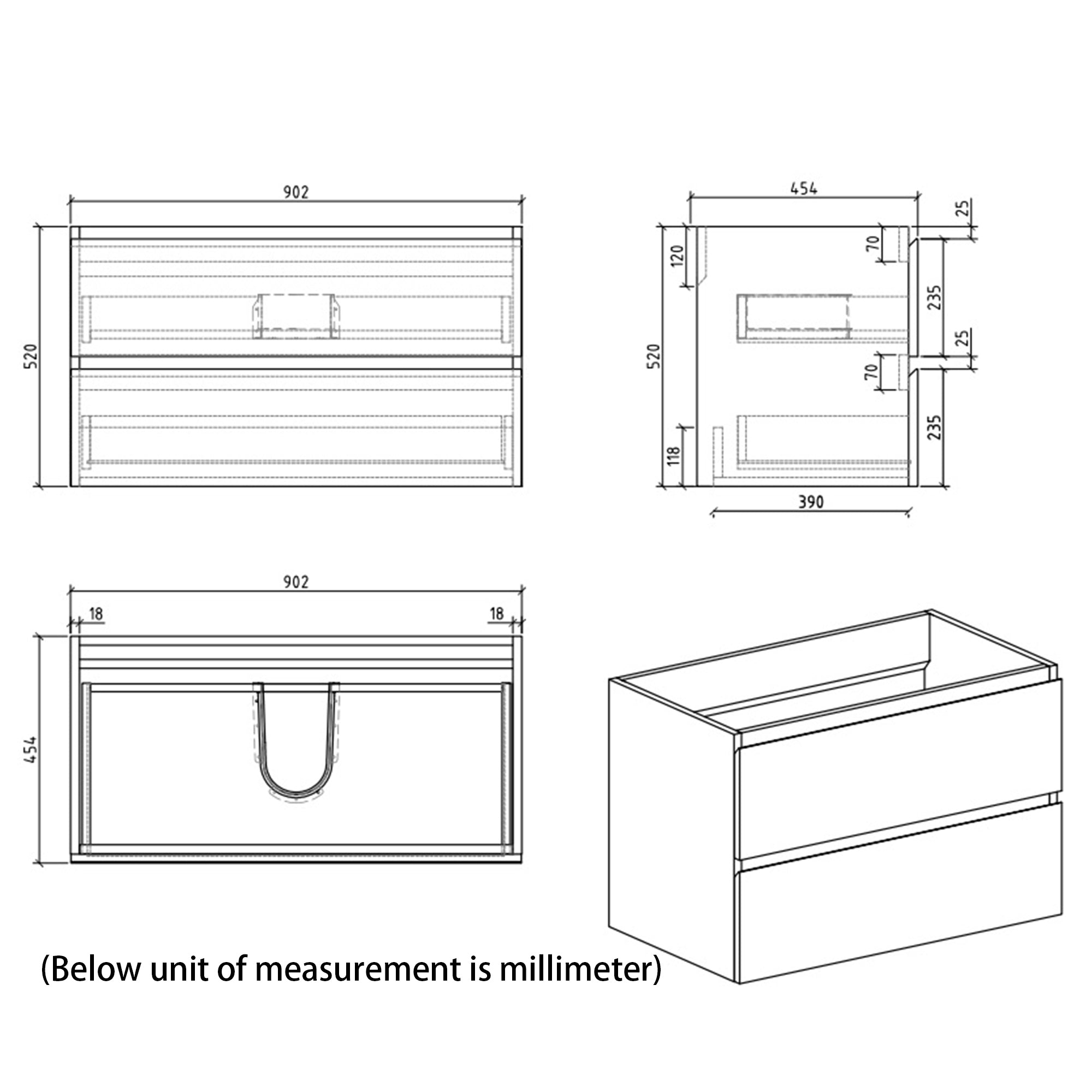 Wall-Mounted Bathroom Vanity Set with 2 Drawers and  Black Solid Surface Sink