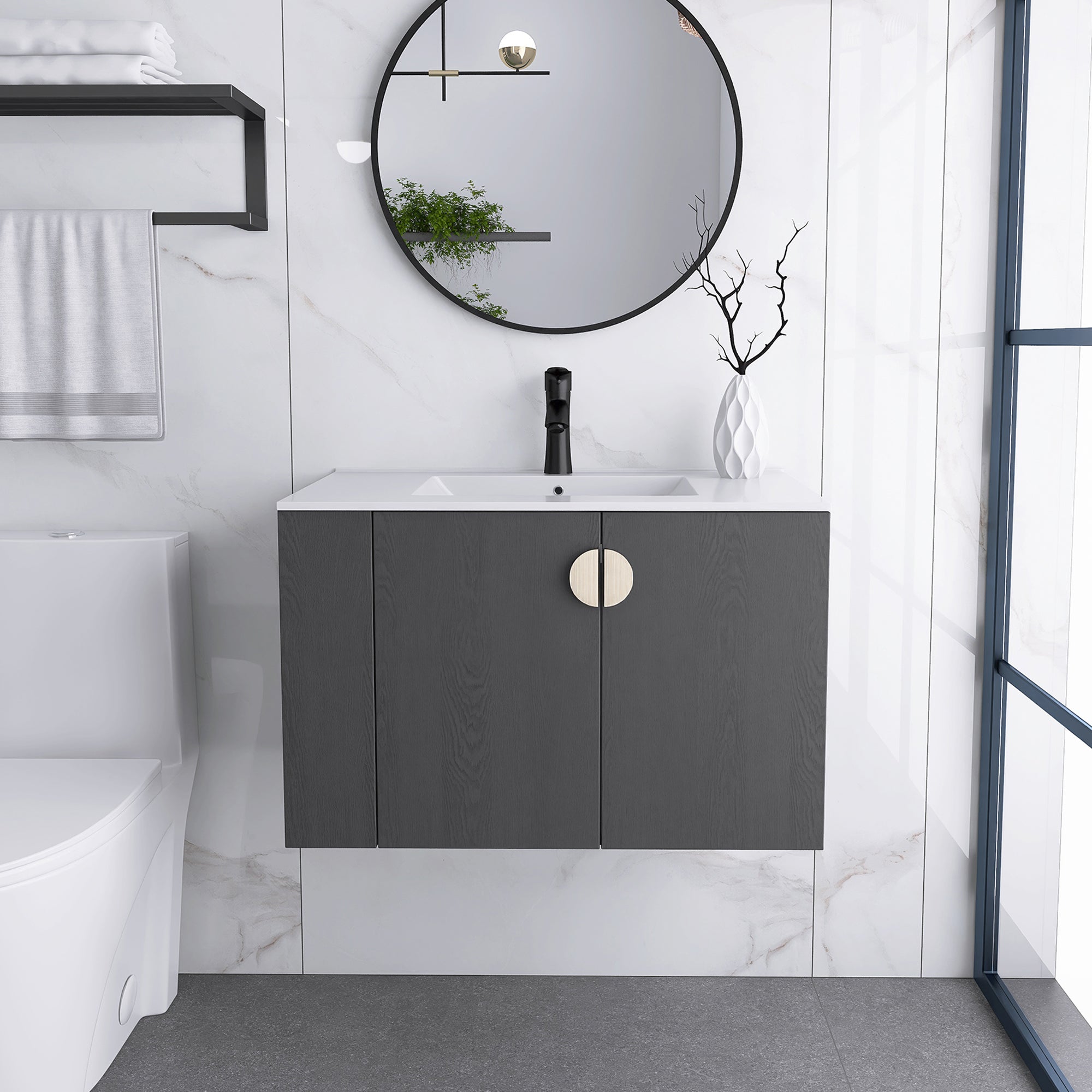 30 Inches Plywood Wall-Mounted Bathroom Vanity Set with Integrated Ceramic Sink