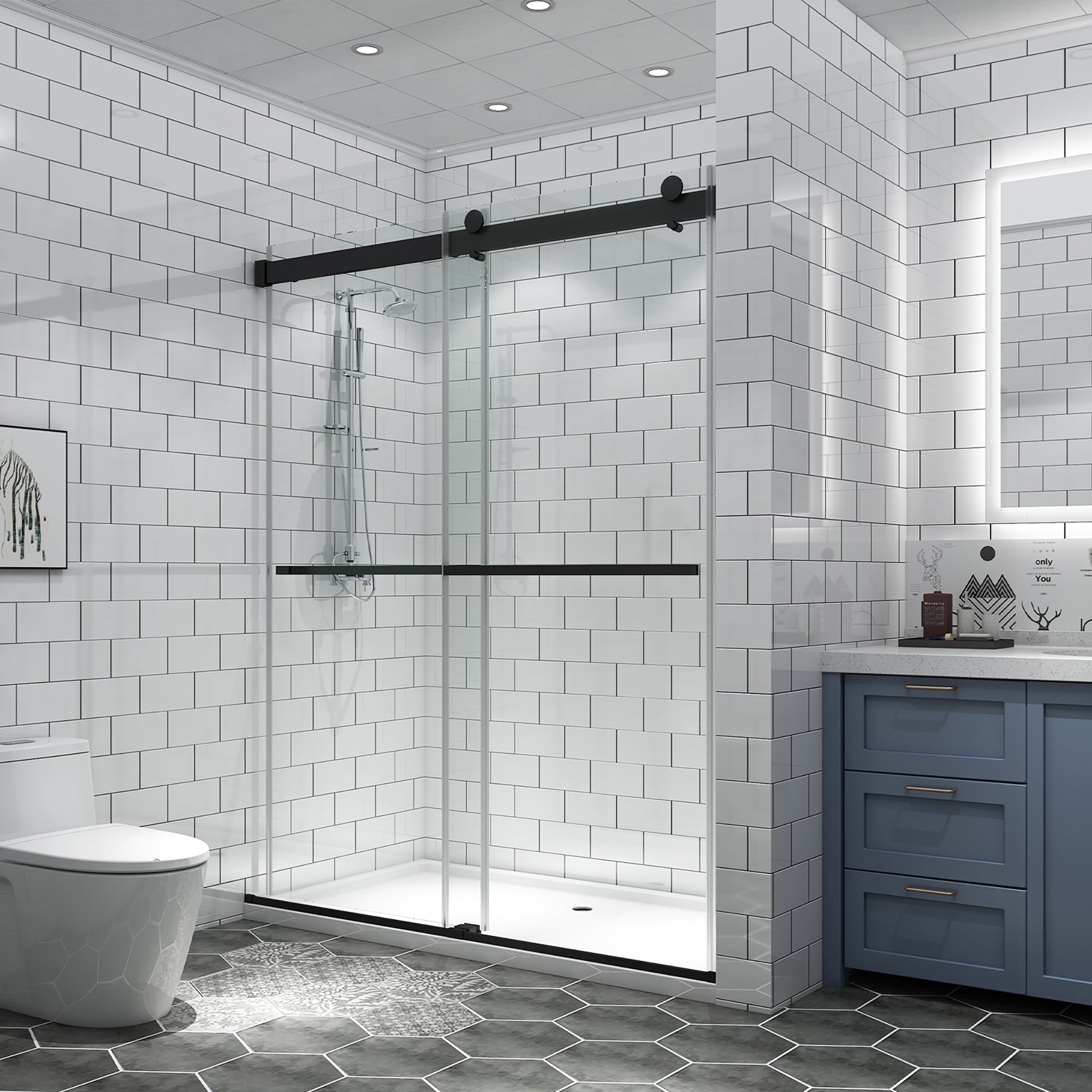 34 in. W X 72 in. H Semi-Frameless Pivot Shower Door in Matte Black with Clear Glass