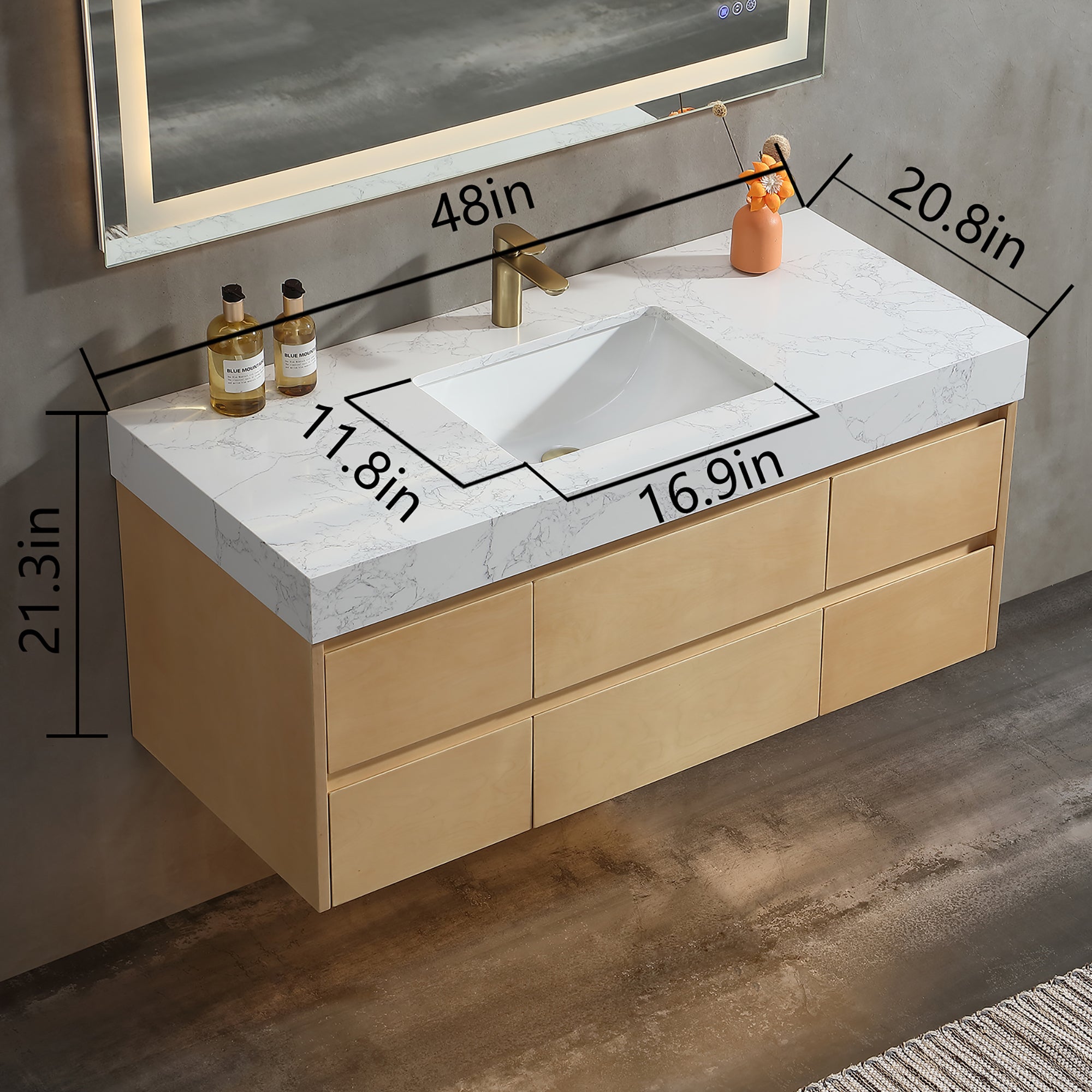36 Inch Solid Wood Wall-Mounted Bathroom Vanity Set in Maple with Engineered Stone and Ceramic Sink