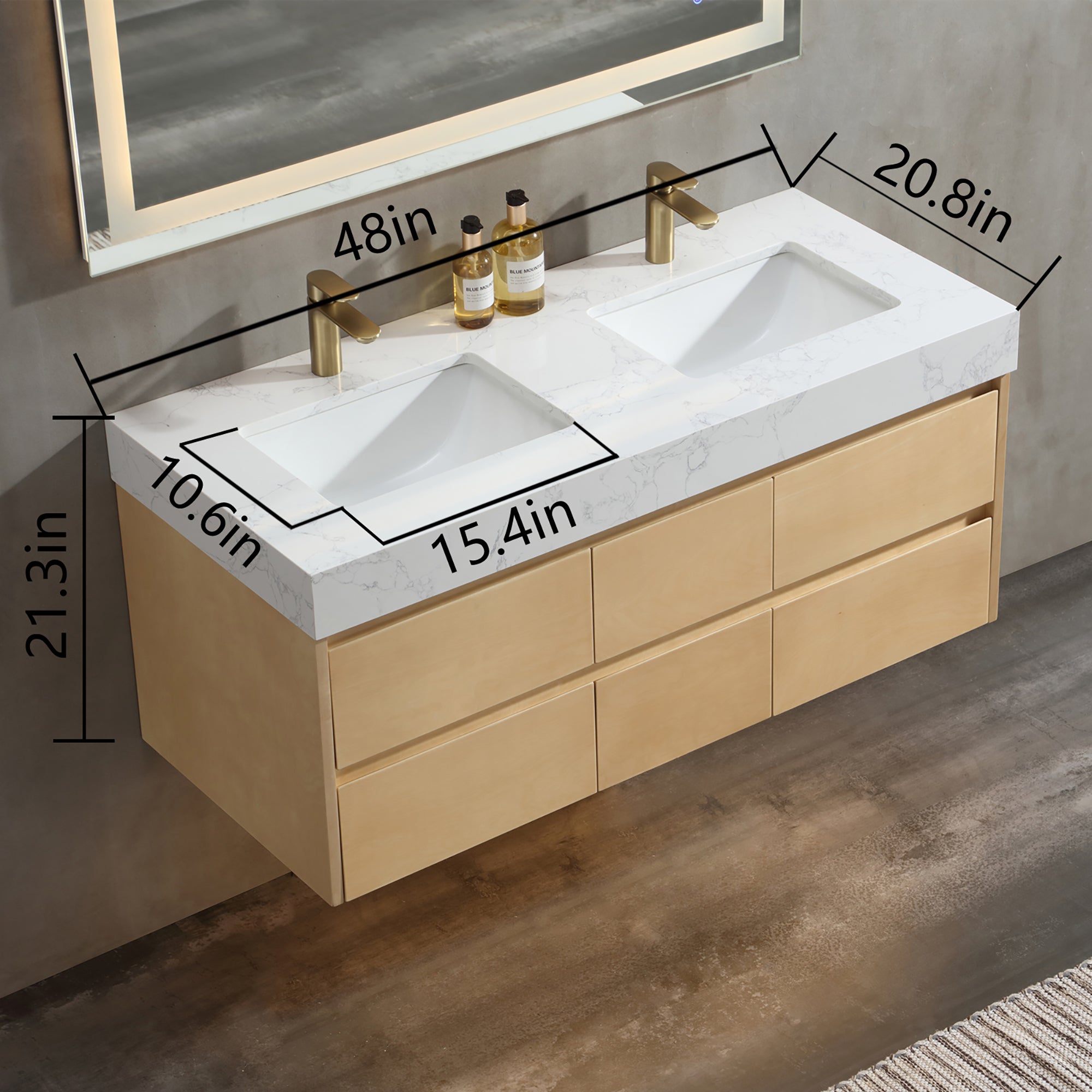 36 Inch Solid Wood Wall-Mounted Bathroom Vanity Set in Maple with Engineered Stone and Ceramic Sink