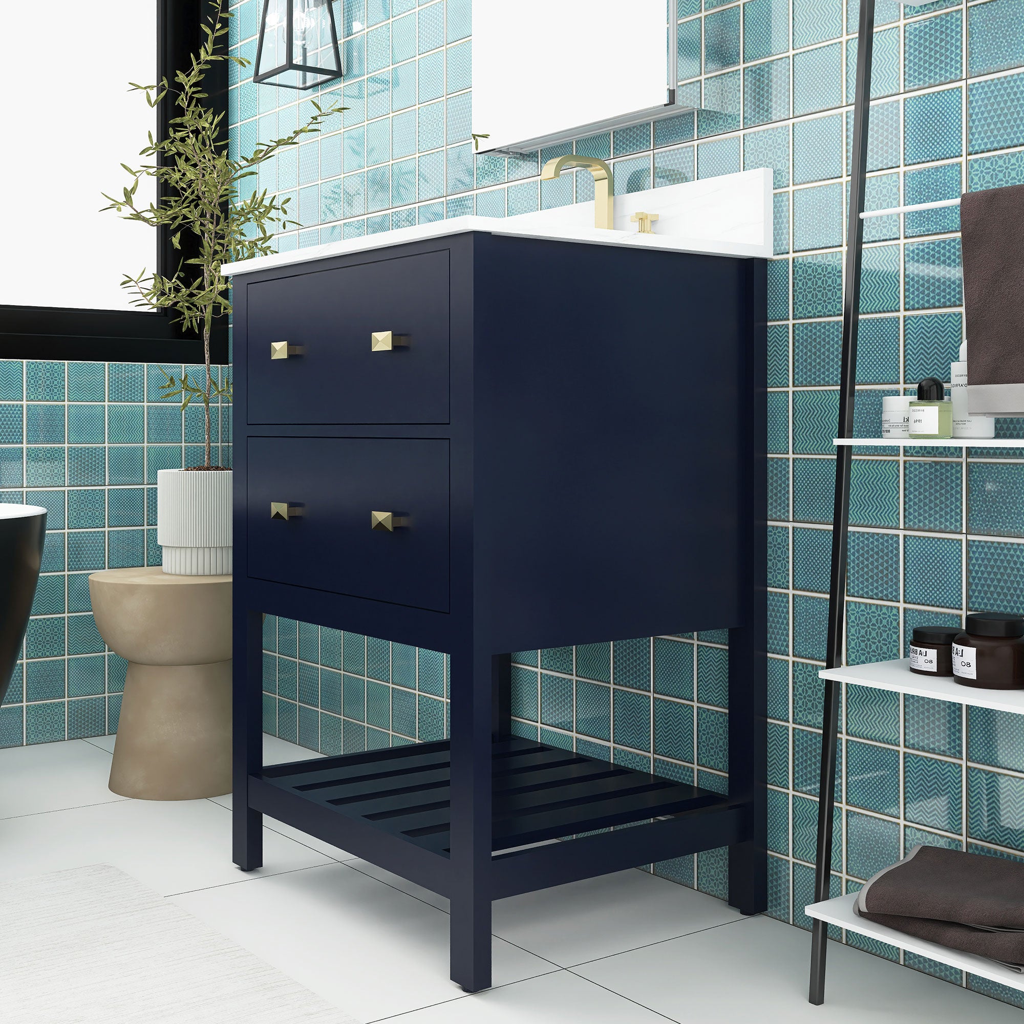 24/30 inch Plywood Freestanding Bathroom Vanity Set with Open Shelf and Ceramic Sink