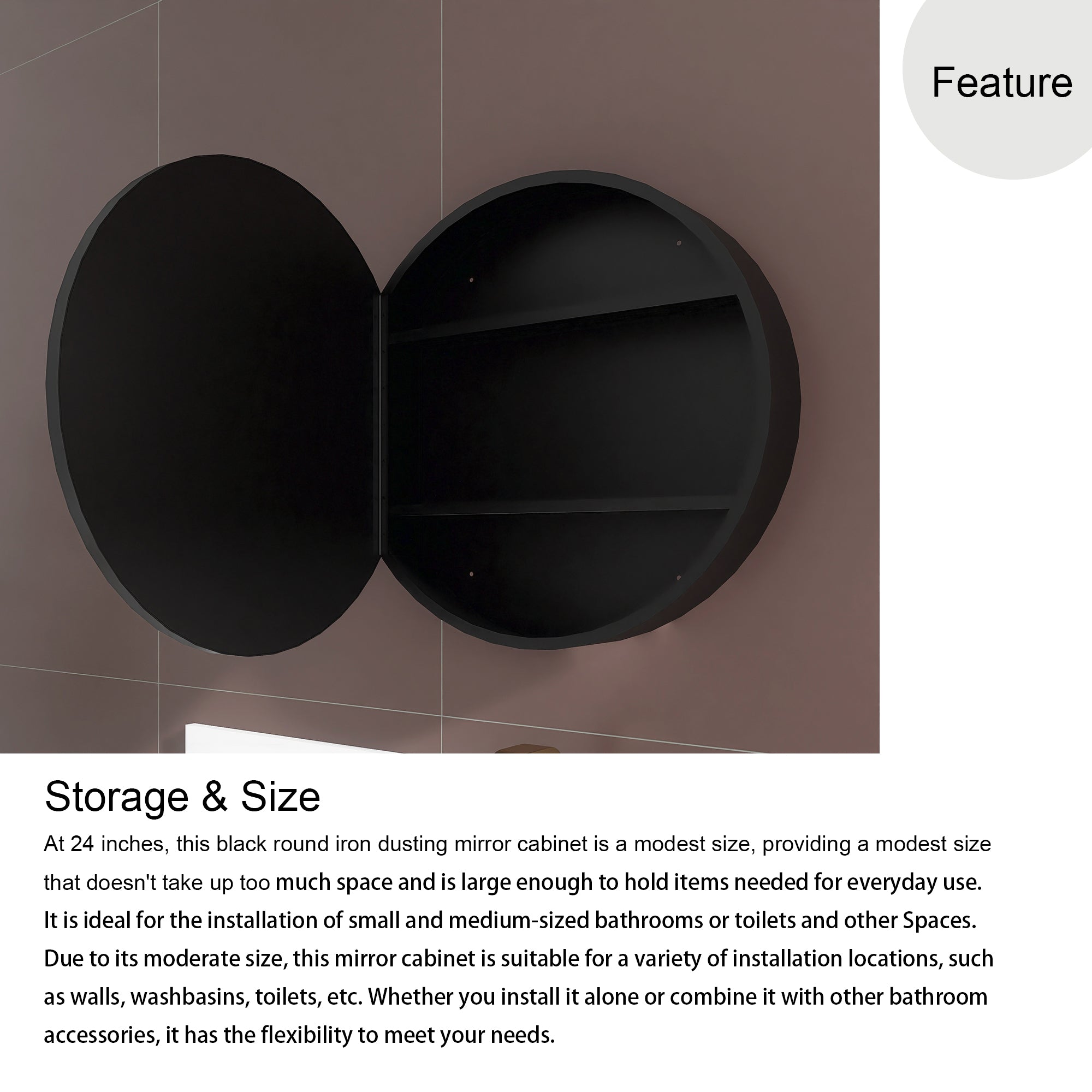 Staykiwi Medicine Cabinet Round 24 x 24 Inch, Wall Mount Bathroom Cabinet with Mirror, Circular Black Metal Framed Bath Storage Cabinet Surface Mounted
