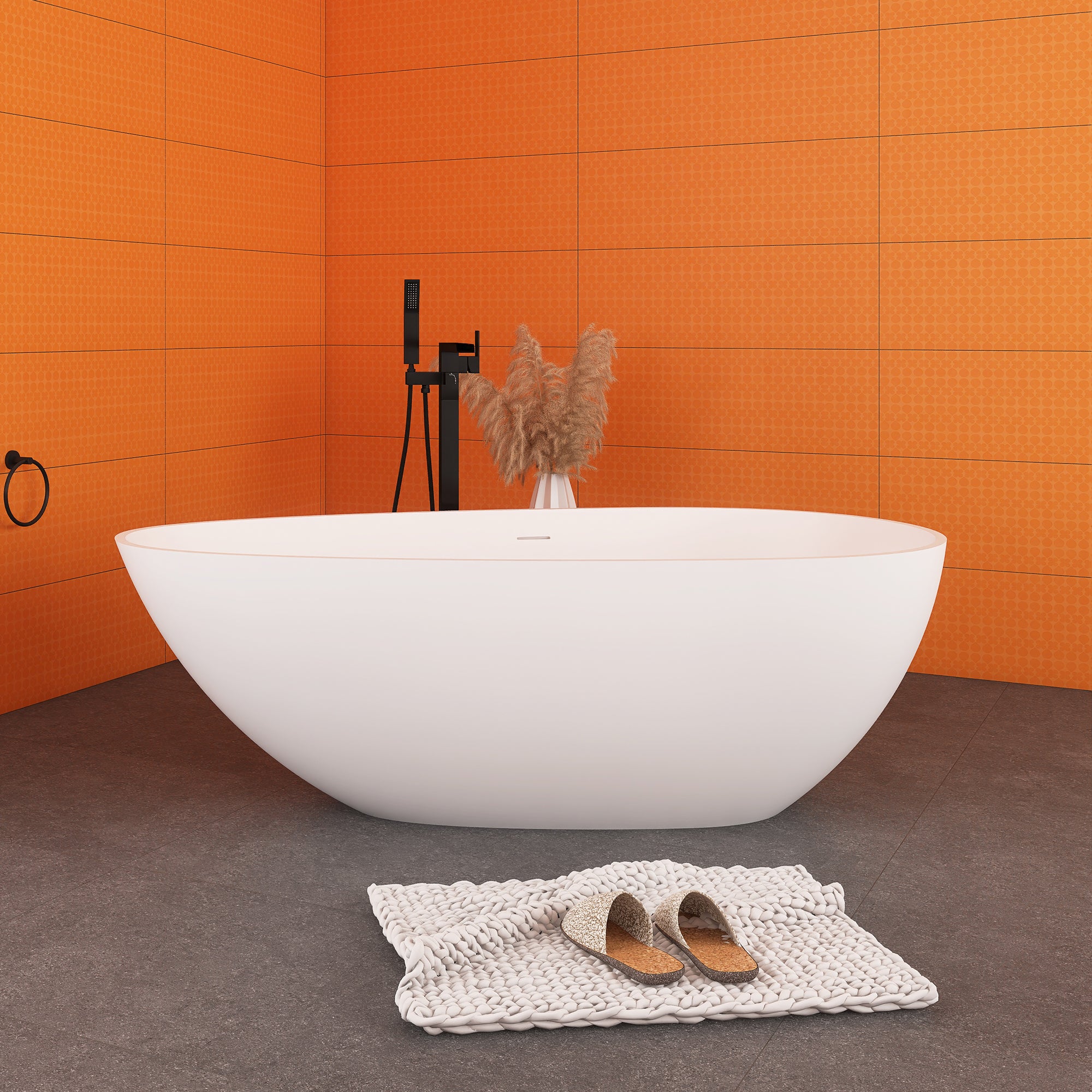 59"/ 67" Solid Surface Freestanding Soaking Bathtub in White with Drain
