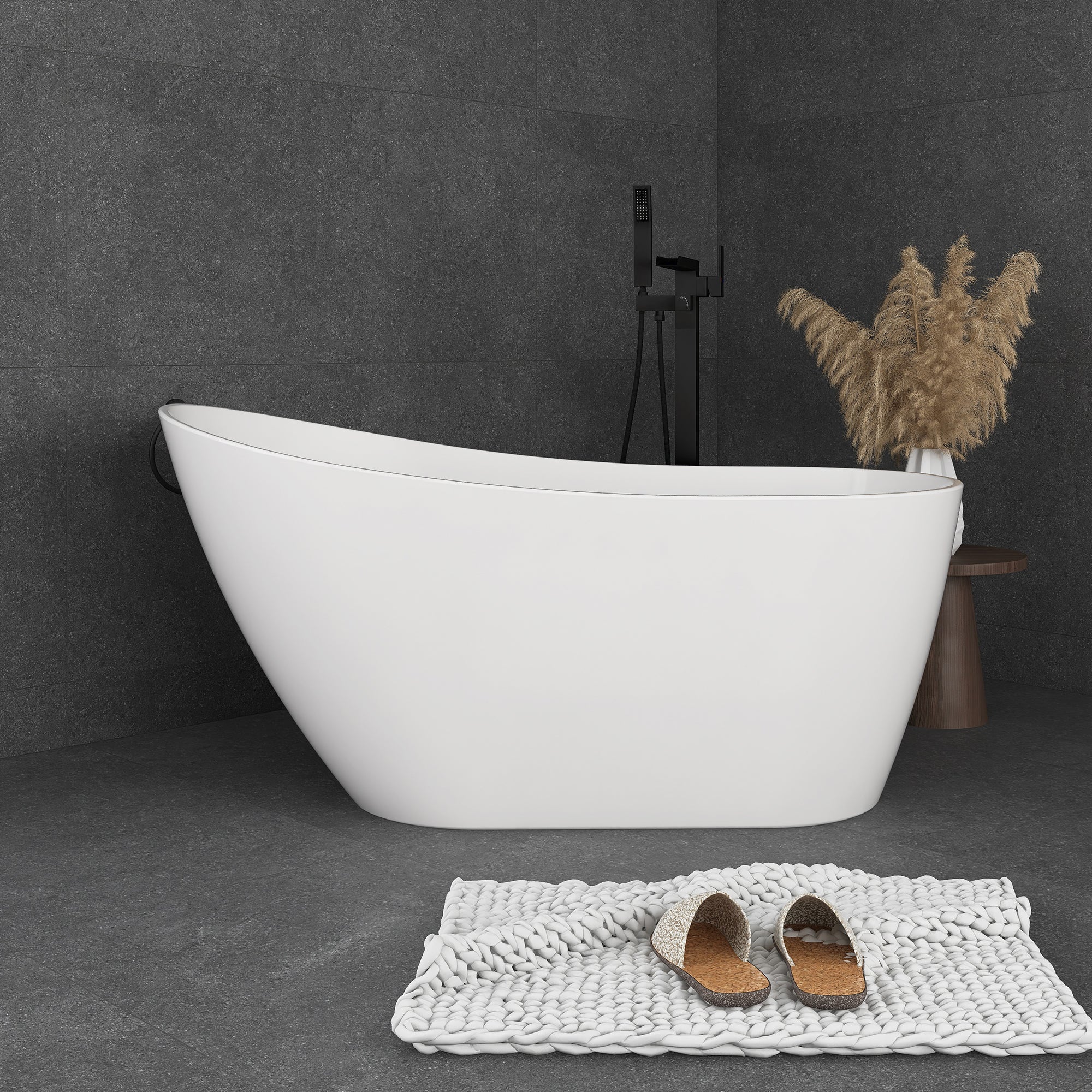 55"/59"/63" Acrylic Single Slipper Freestanding Soaking Bathtub in White