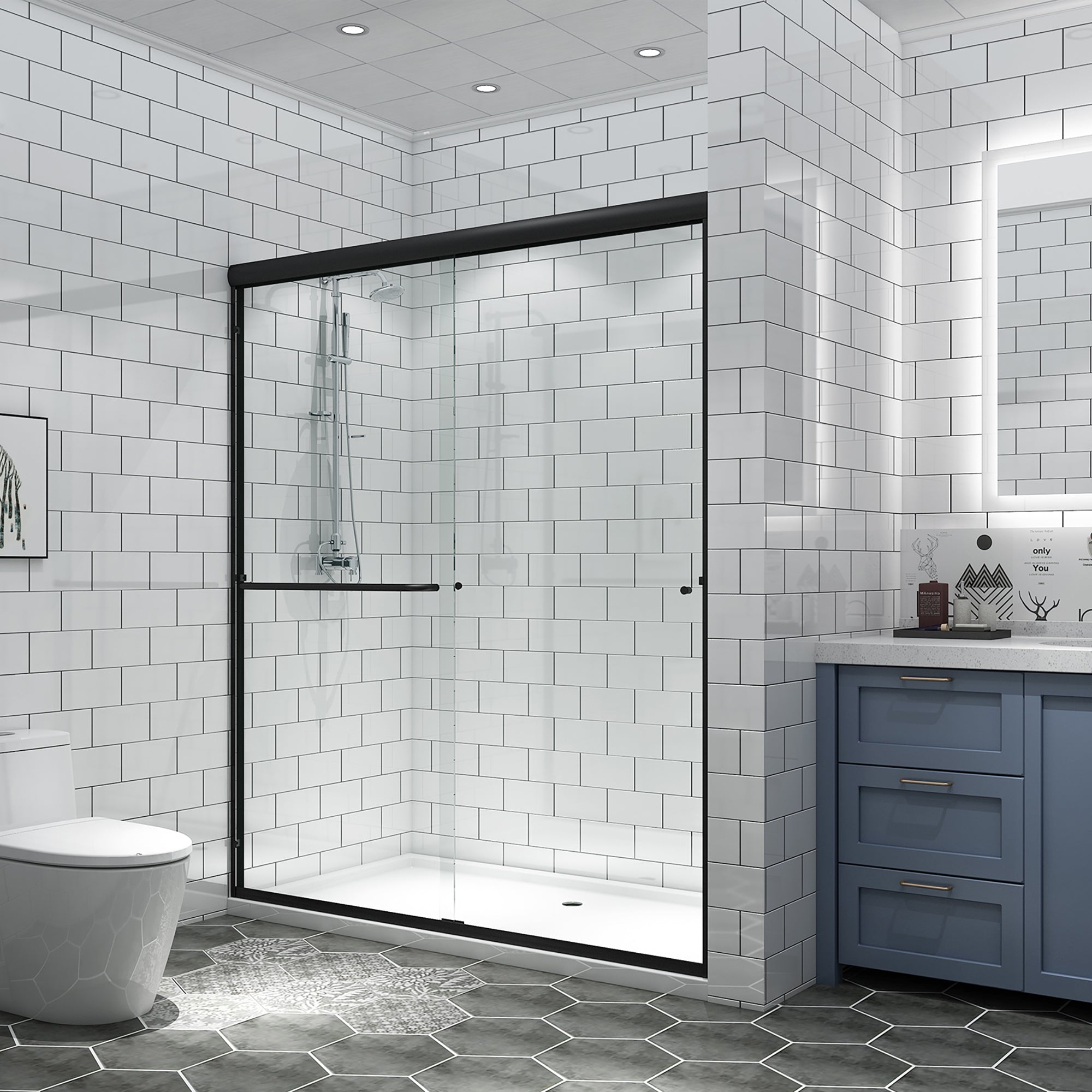 34 in. W X 72 in. H Semi-Frameless Pivot Shower Door in Matte Black with Clear Glass
