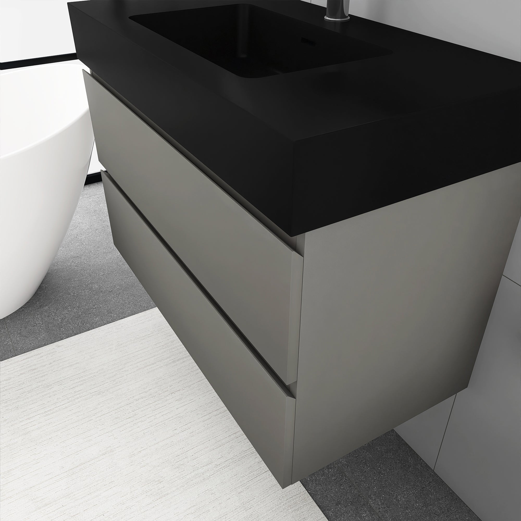 Staykiwi Wall-Mounted Bathroom Vanity Set with Black Integrated Solid Surface Sink