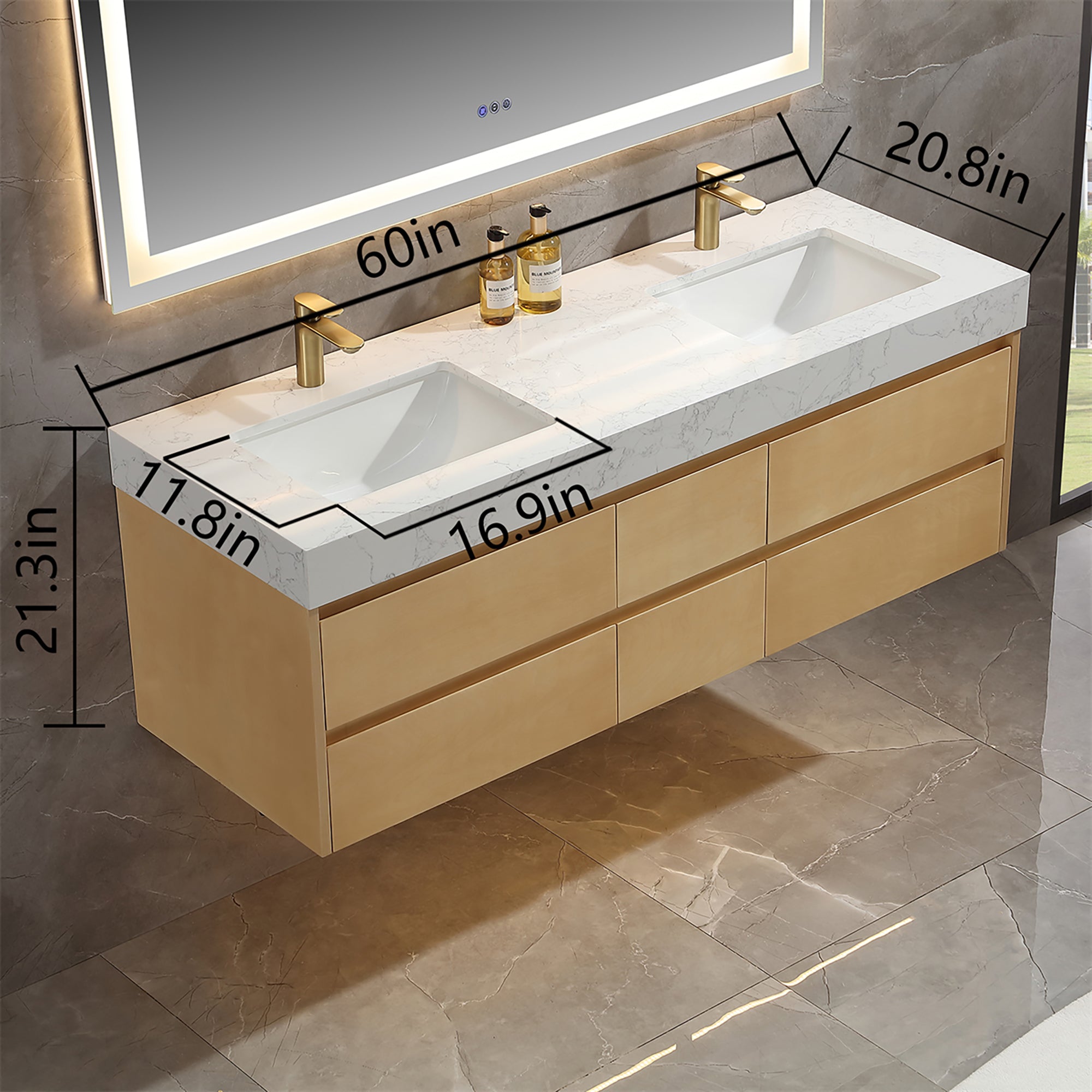 36 Inch Solid Wood Wall-Mounted Bathroom Vanity Set in Maple with Engineered Stone and Ceramic Sink