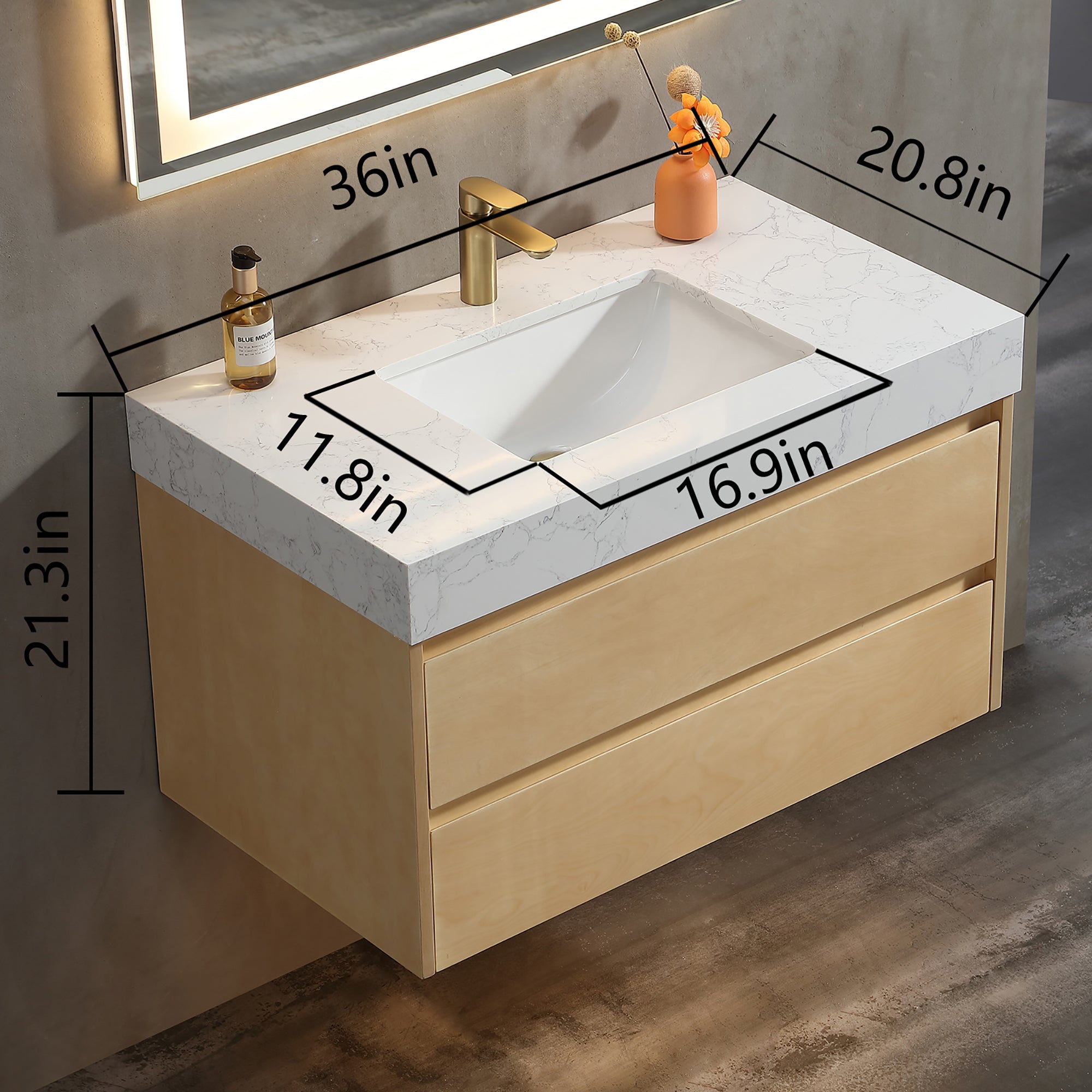 36 Inch Solid Wood Wall-Mounted Bathroom Vanity Set in Maple with Engineered Stone and Ceramic Sink