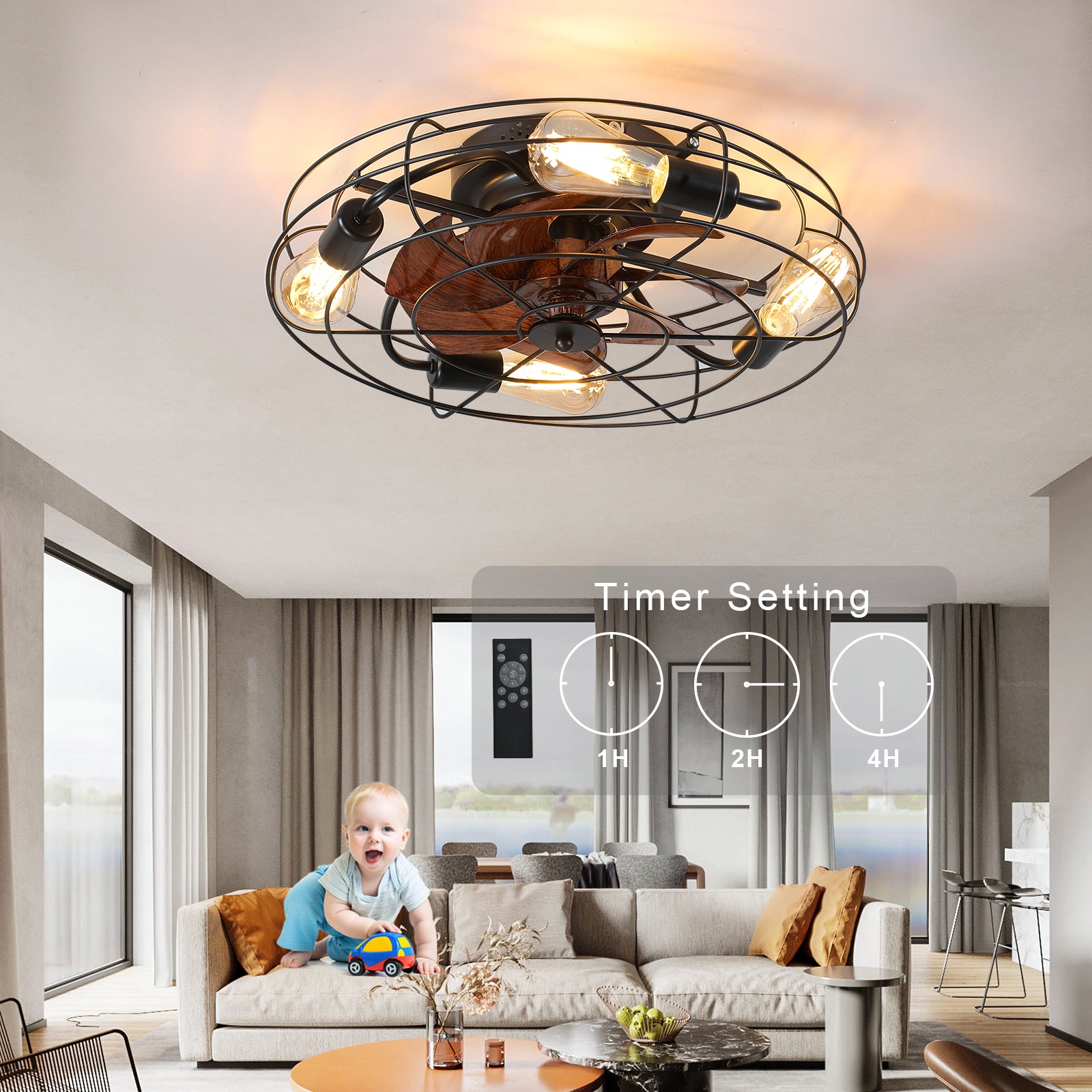 20 in. W x 6 in. H Iron Ceiling Fan in Black with LED Lights
