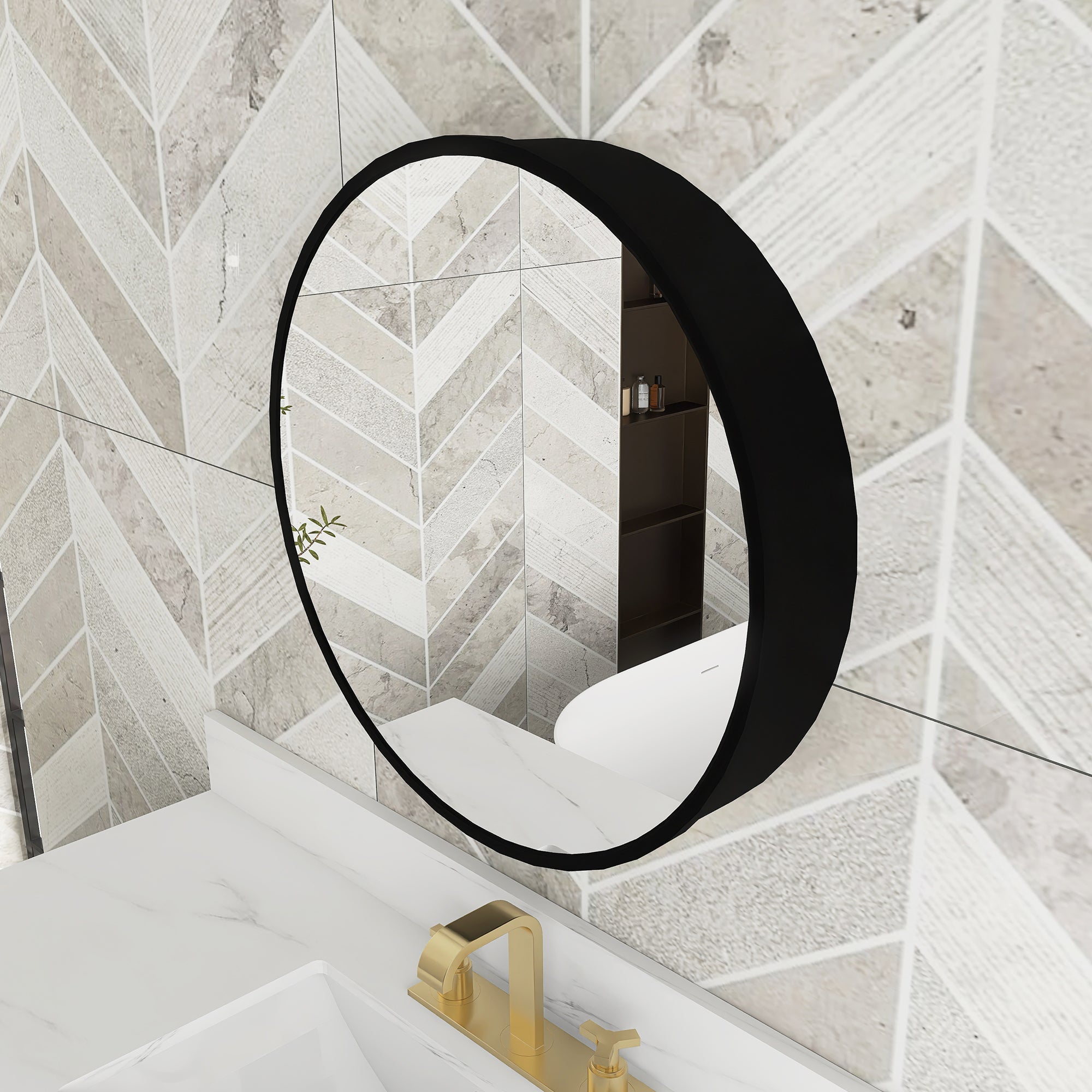 Staykiwi Medicine Cabinet Round 24 x 24 Inch, Wall Mount Bathroom Cabinet with Mirror, Circular Black Metal Framed Bath Storage Cabinet Surface Mounted