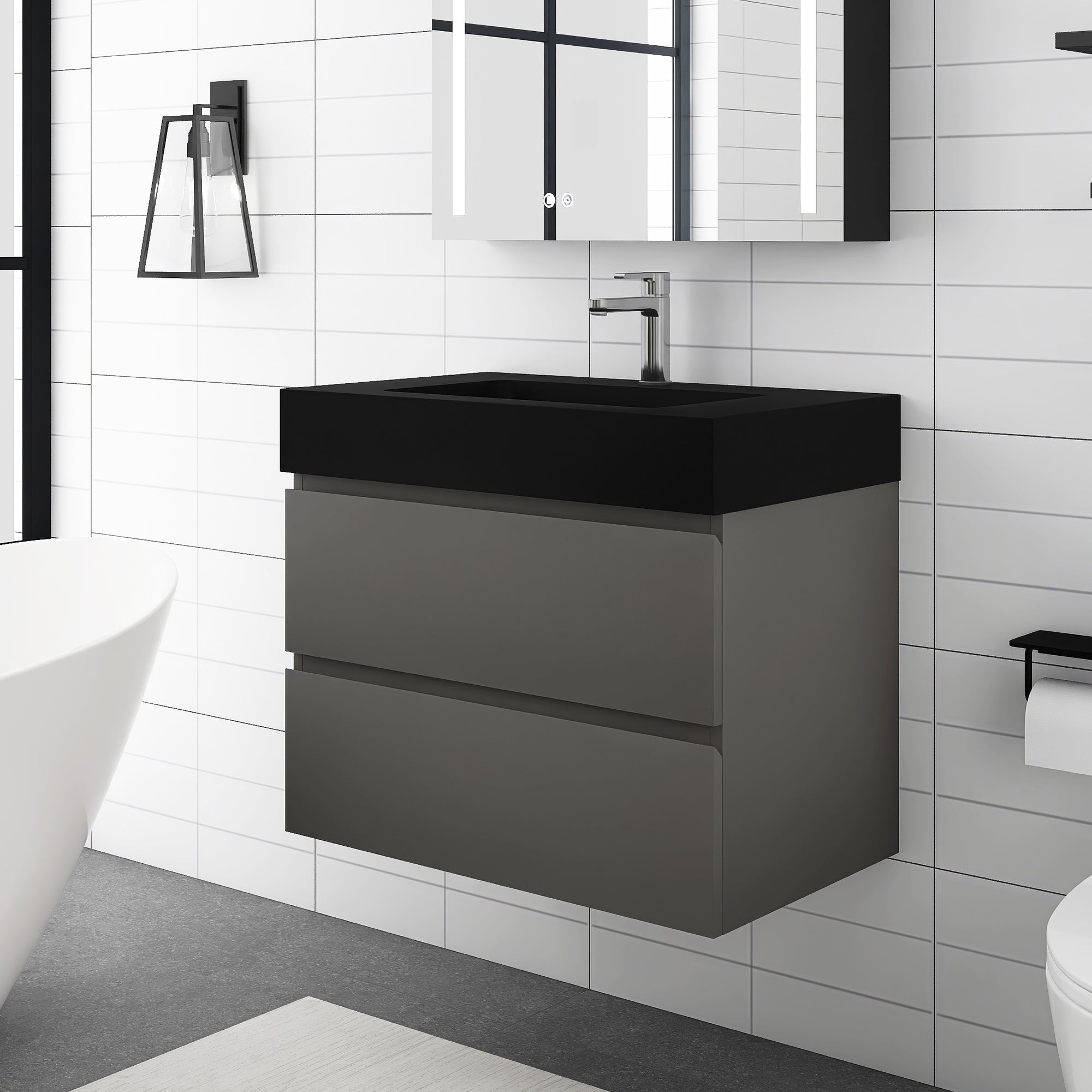 Staykiwi Wall-Mounted Bathroom Vanity Set with Black Integrated Solid Surface Sink