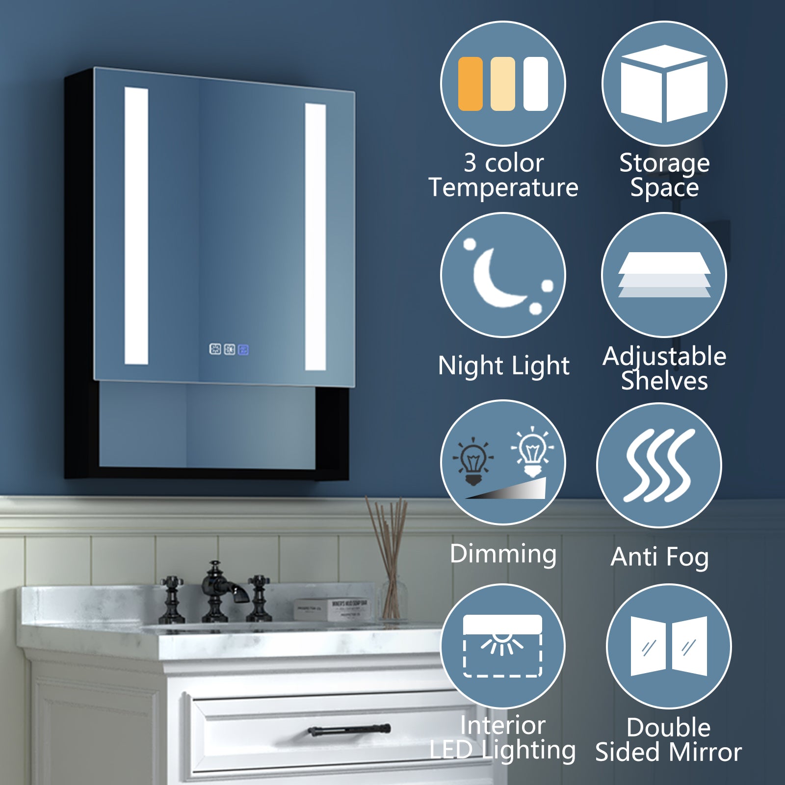 2Aluminum Surface/Recessed Mount Medicine Cabinet with Mirror, Outlet and Lights