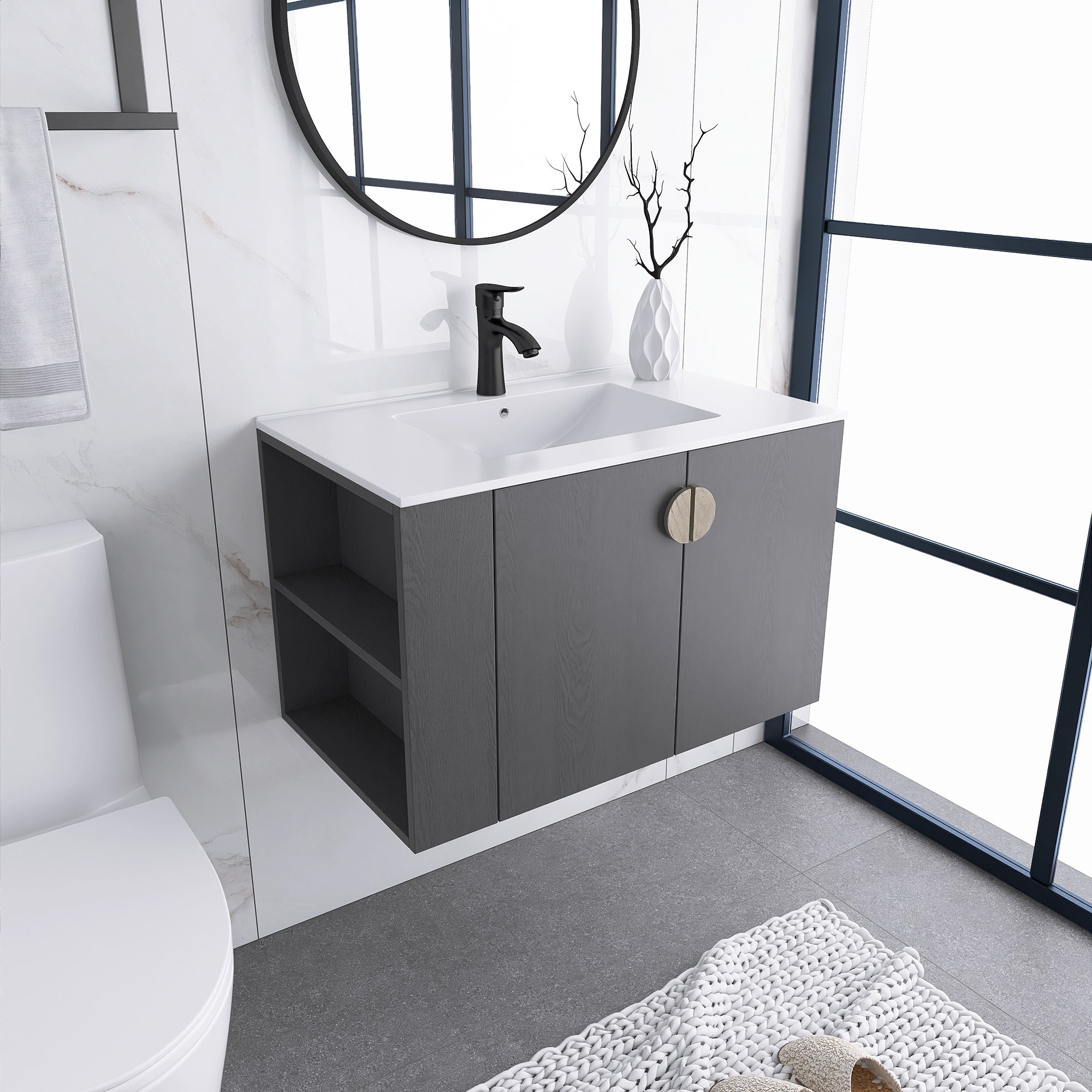 30 Inches Plywood Wall-Mounted Bathroom Vanity Set with Integrated Ceramic Sink